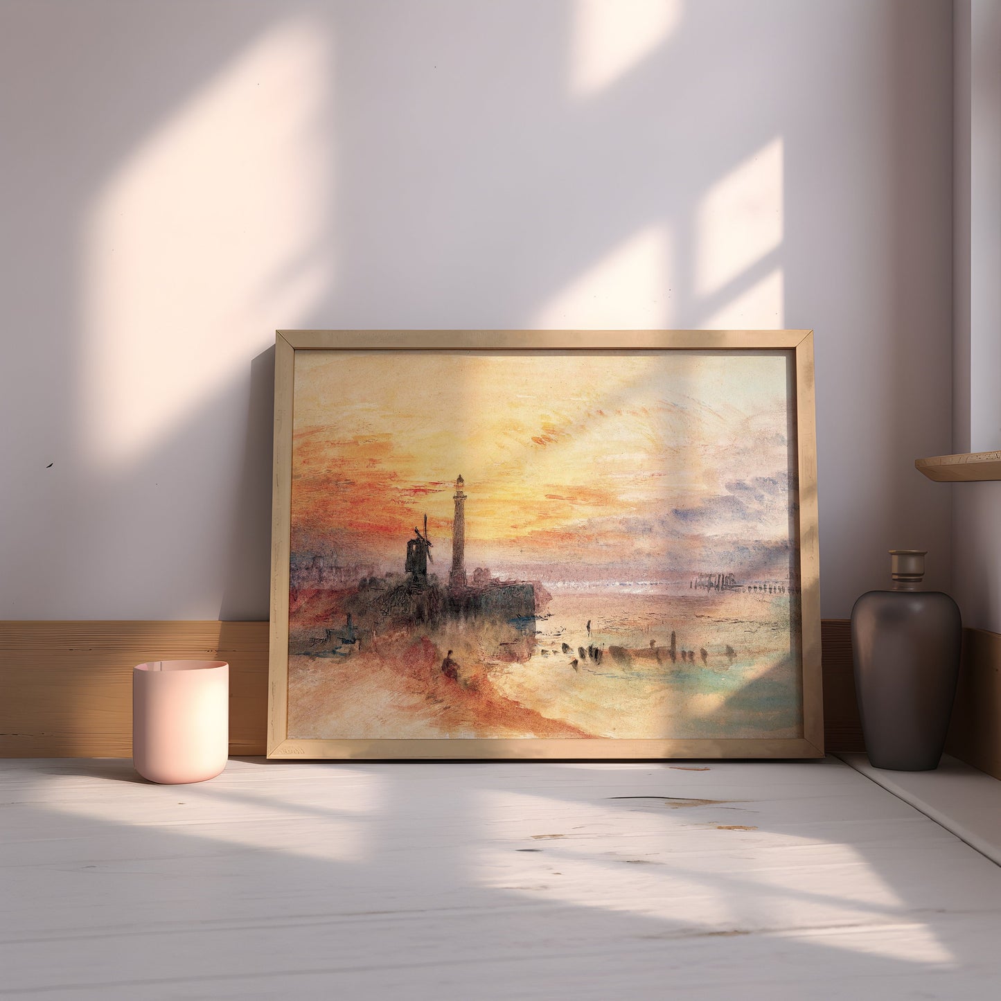 William Turner, Sea Lighthouse at Sunset, original antique painting, watercolour vintage, Printable art instant download, SKU 157-WT