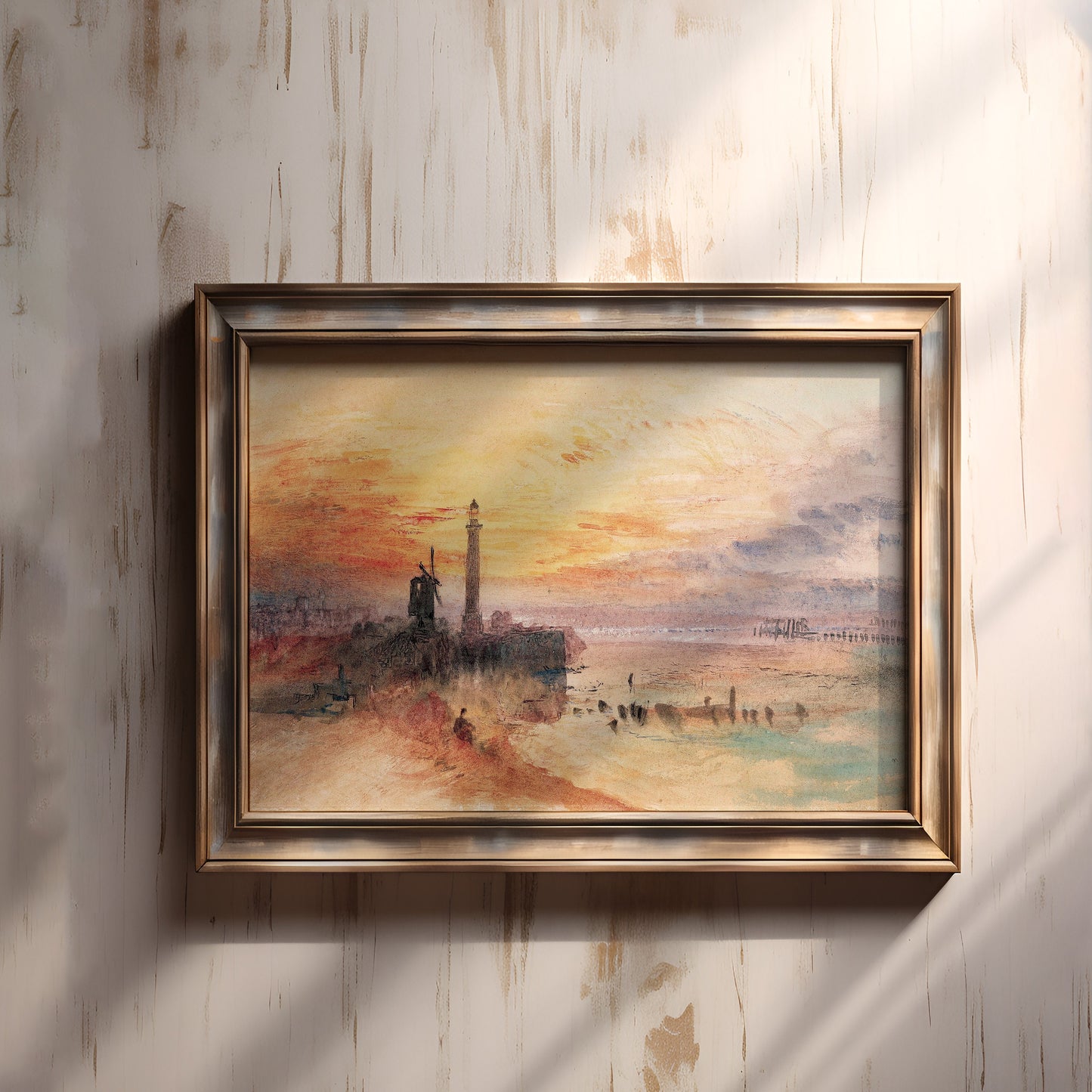 William Turner, Sea Lighthouse at Sunset, original antique painting, watercolour vintage, Printable art instant download, SKU 157-WT