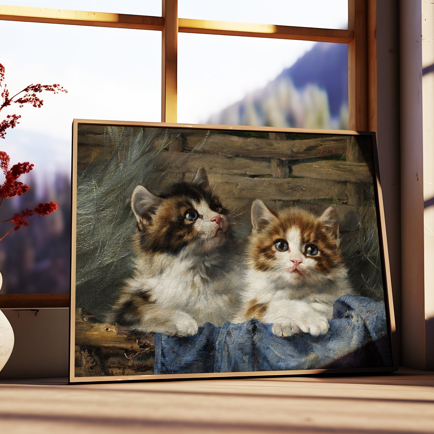 Julius Adam - Two kittens in basket, oil cute antique painting vintage, animal lover gift, Printable art instant download, SKU 204JA