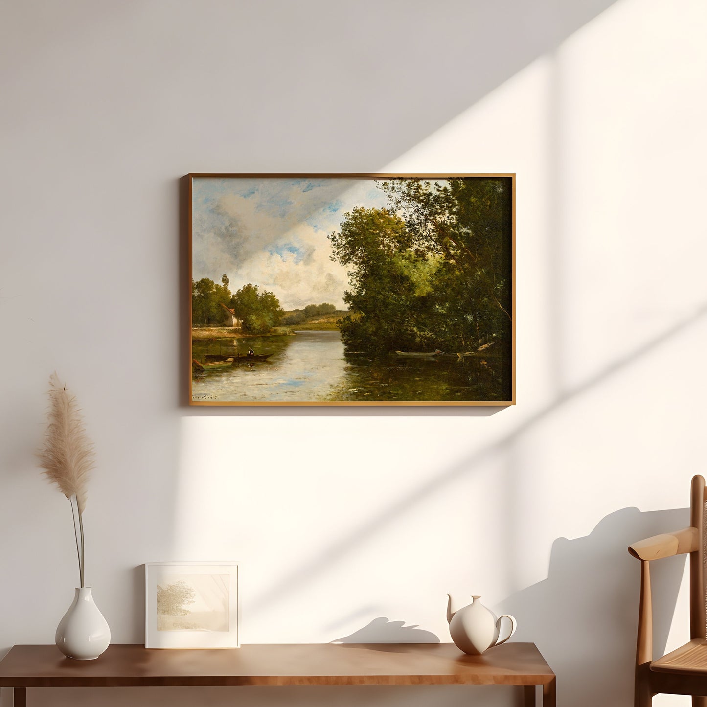 Rustic Landscape , Léon Richet - fisherman in boat , original antique painting , oil vintage Printable art instant download , SKU 216LR
