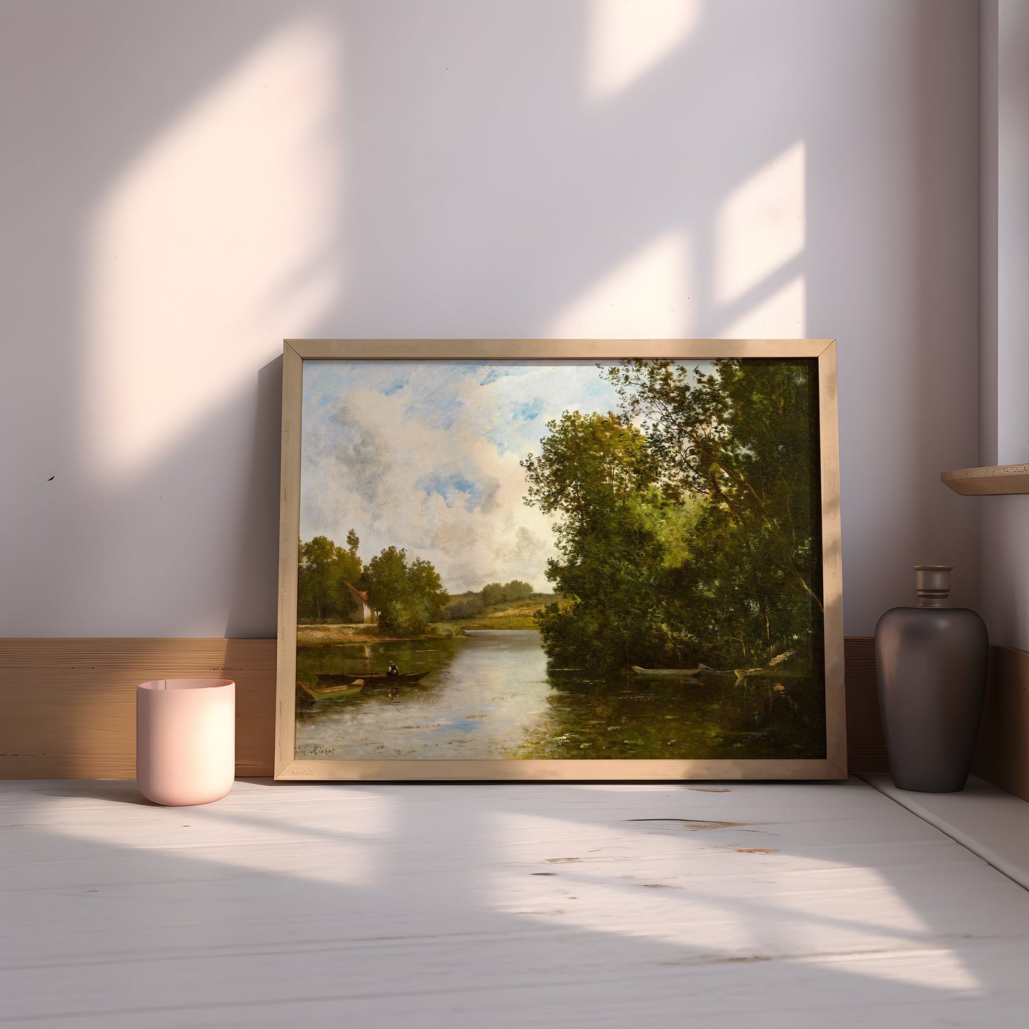 Rustic Landscape , Léon Richet - fisherman in boat , original antique painting , oil vintage Printable art instant download , SKU 216LR
