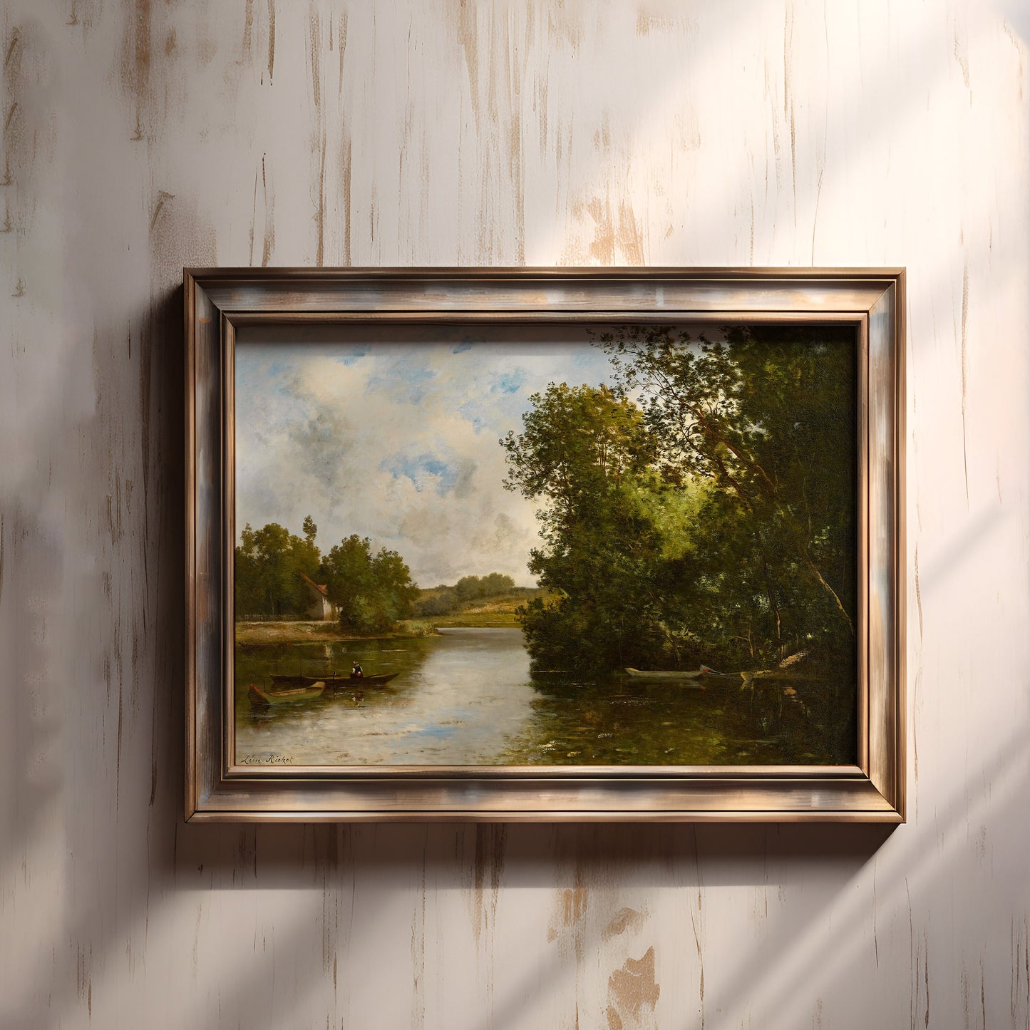 Rustic Landscape , Léon Richet - fisherman in boat , original antique painting , oil vintage Printable art instant download , SKU 216LR