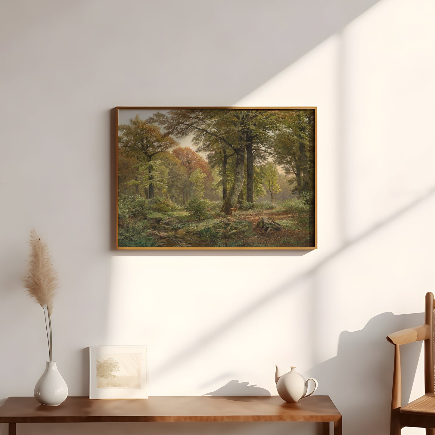 Rustic Landscape - forest clearing with roe deer , original antique painting , oil vintage Printable art instant download , SKU 221HB