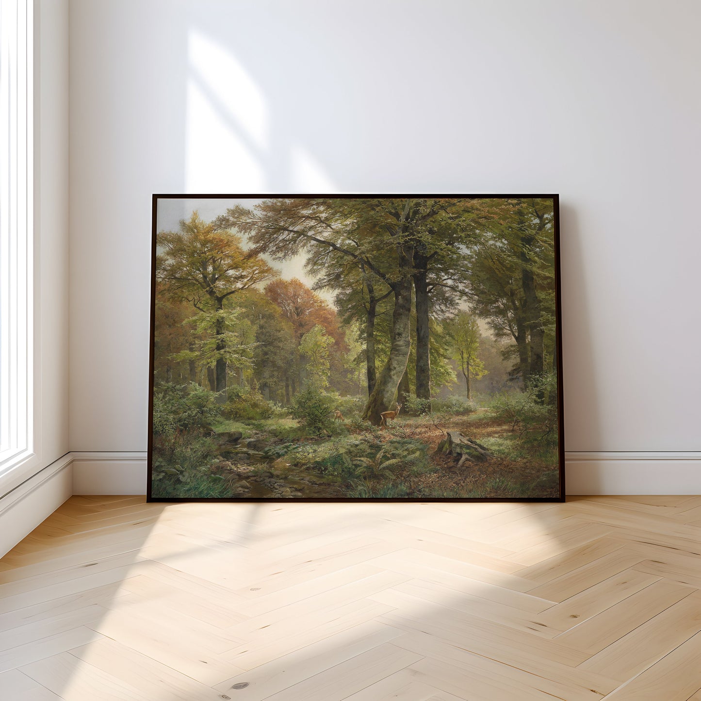 Rustic Landscape - forest clearing with roe deer , original antique painting , oil vintage Printable art instant download , SKU 221HB