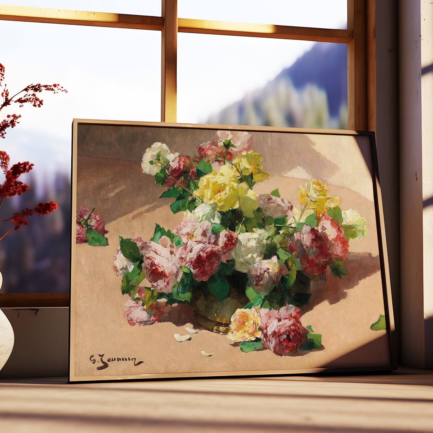 Still-life Flowers, Georges Jeannin - Roses, original antique painting, oil vintage, Printable art instant download, SKU 226GJ