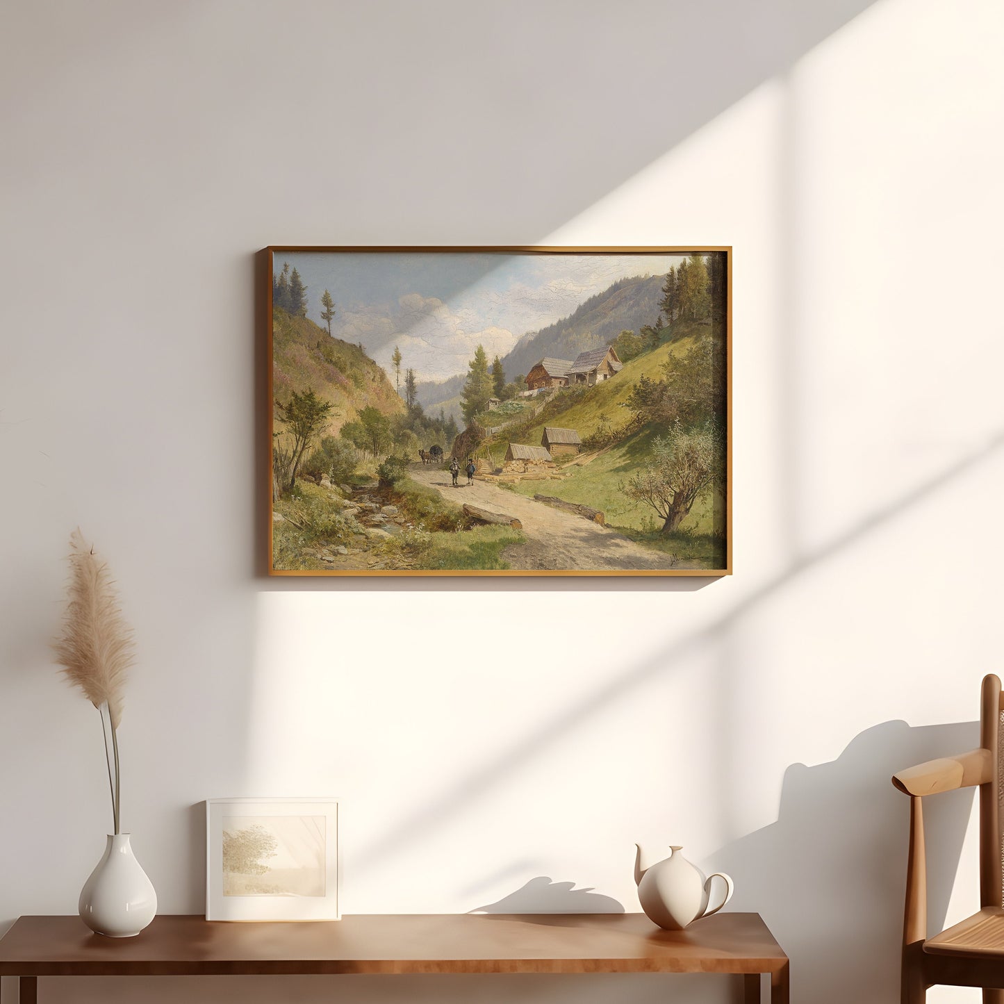 Leopold Munsch - Landscape Austrian Village in Mountains, original vintage painting, oil antique, Printable art instant download, SKU 235LM