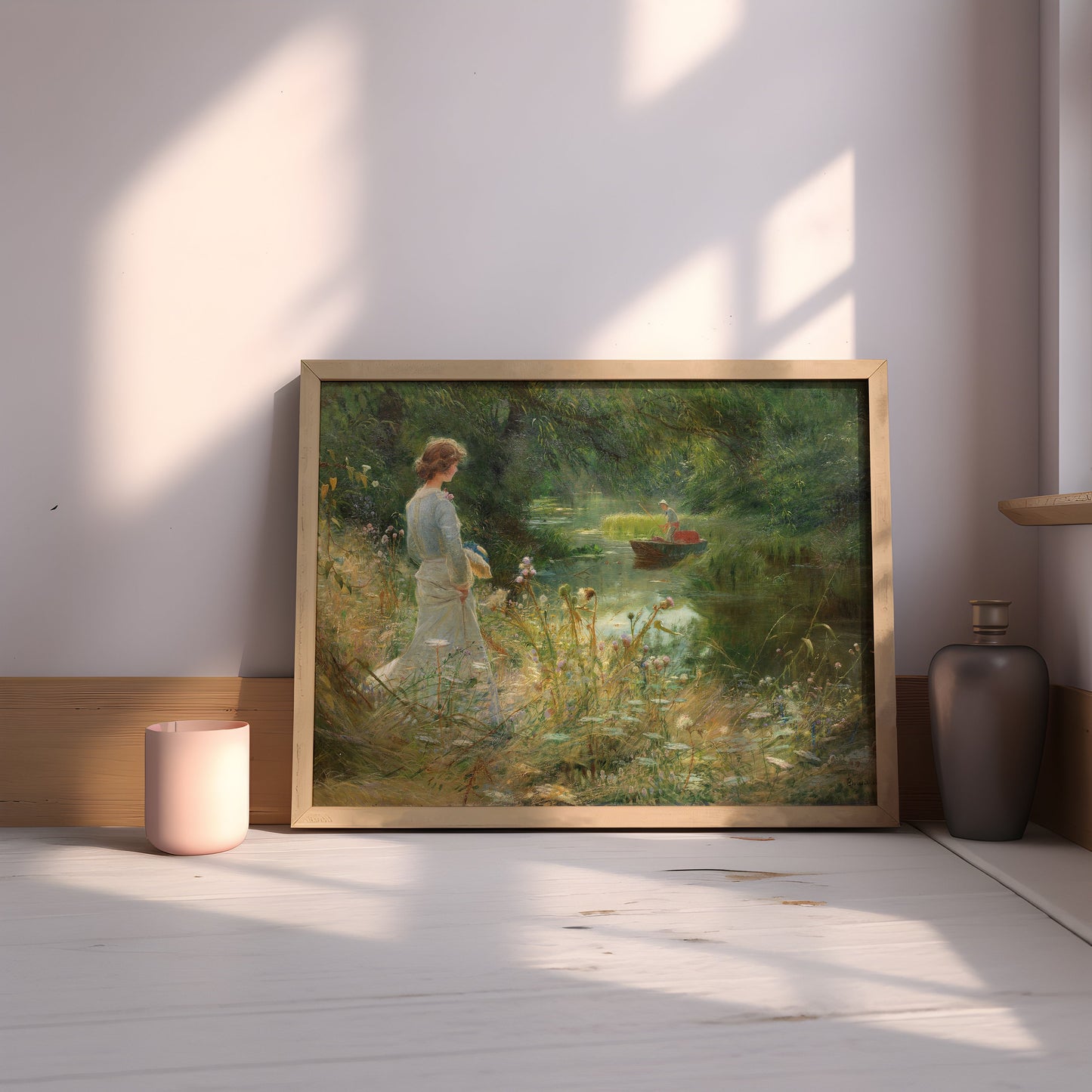 Charles William Wyllie - Young Woman at backwater , original antique figure painting , vintage Printable art instant download , SKU 240CWW