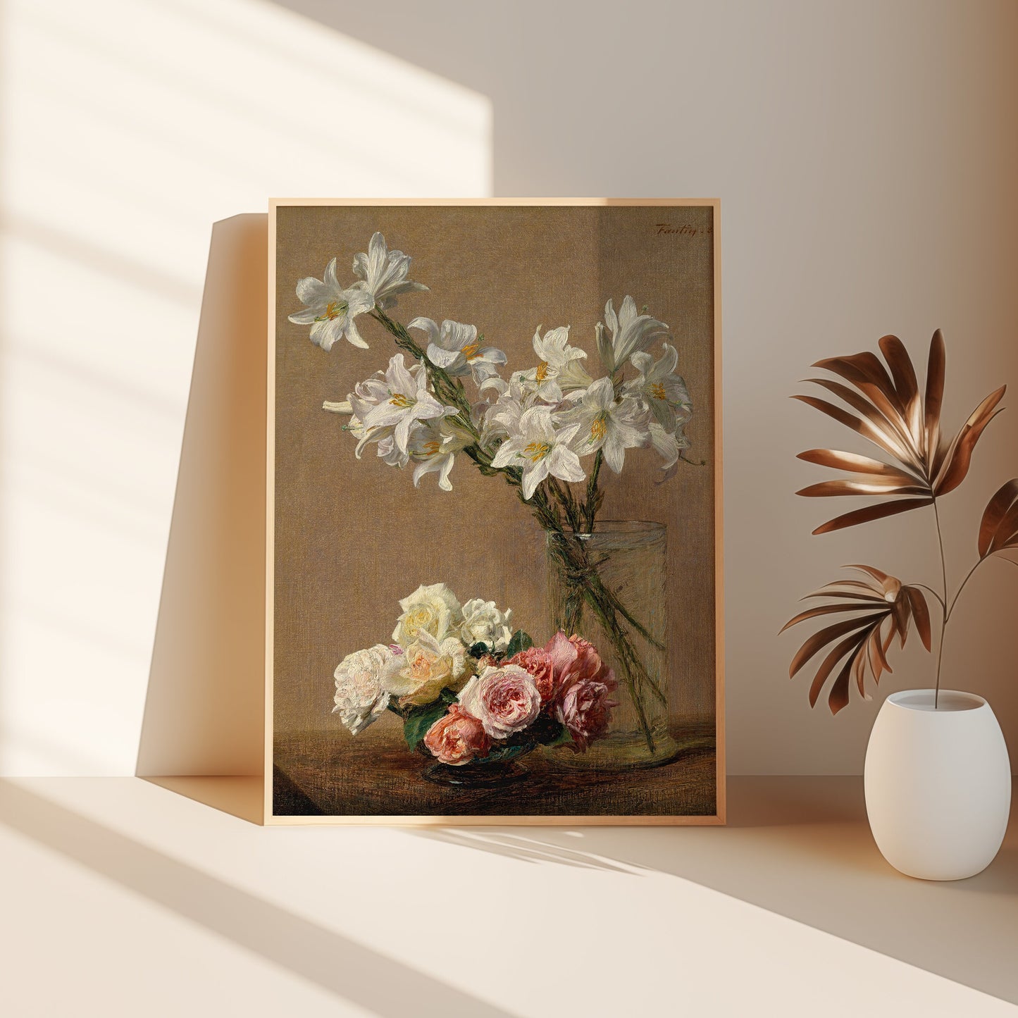 Flowers, Henri Fantin-Latour, Roses and Lilies, original antique painting, oil vintage, Printable art instant download, SKU K_HFL.17