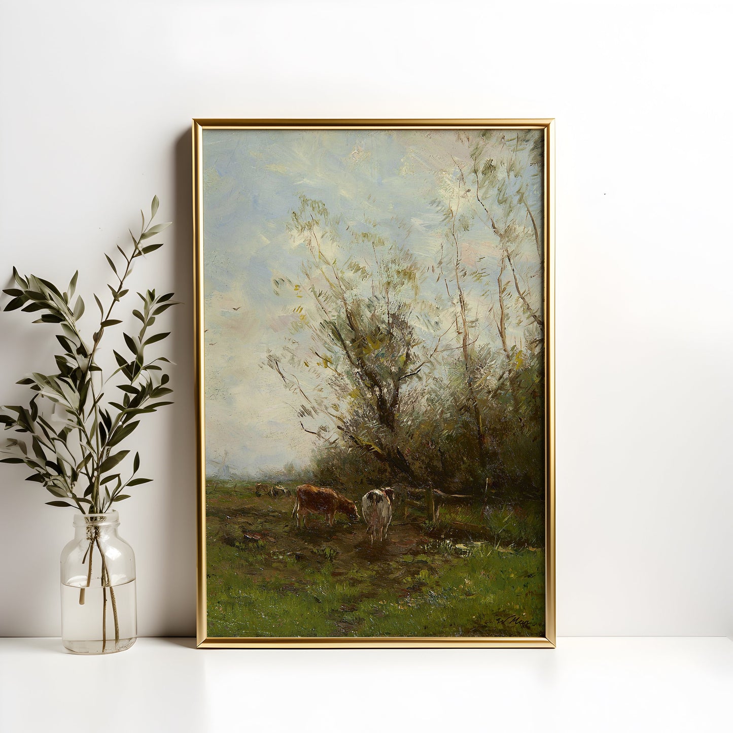 Willem Maris, Polder landscape with cows, original antique painting, oil, vintage, Printable art instant download, SKU K-WM96