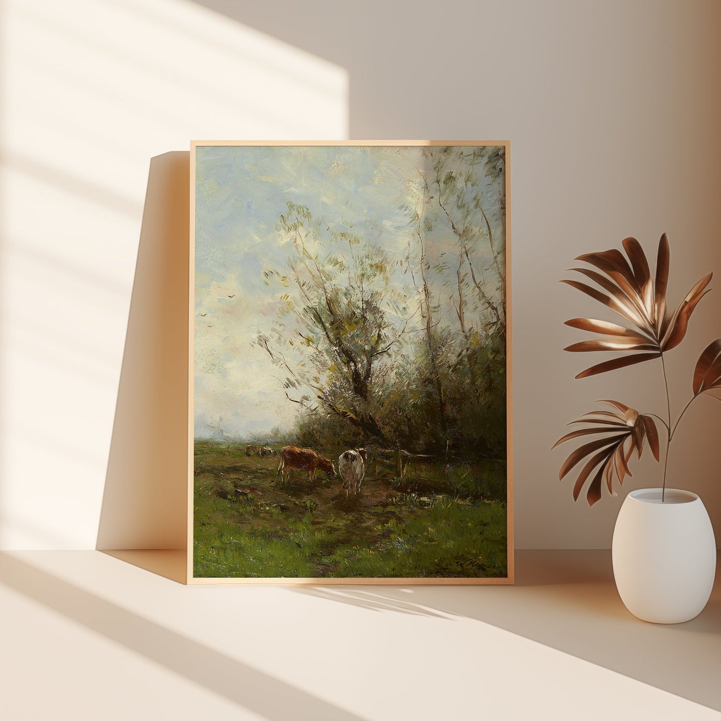 Willem Maris, Polder landscape with cows, original antique painting, oil, vintage, Printable art instant download, SKU K-WM96