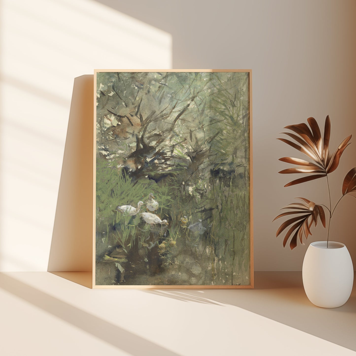 Willem Maris - Ducks under willows, original antique painting, watercolour vintage, Printable art instant download, SKU K-WM67