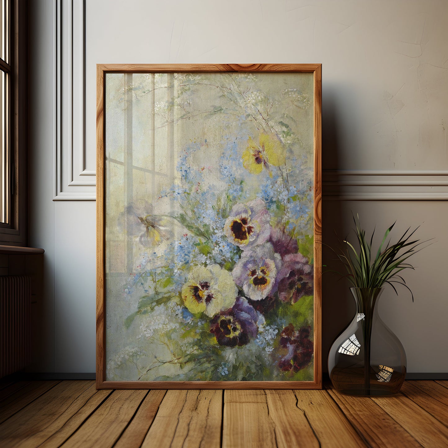 Flowers, Gioachimo Galbusera, Pansies, Nostalgia, original antique painting, oil vintage, Printable art instant download, SKU 172GG