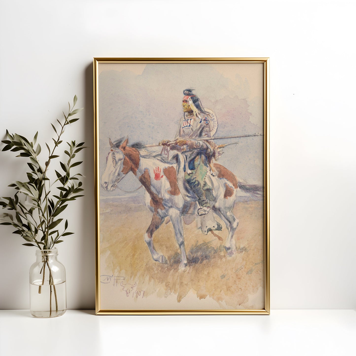 Charles Marion Russell - Indian on Horseback, antique watercolour painting, vintage, Printable art instant download, SKU 188CMR