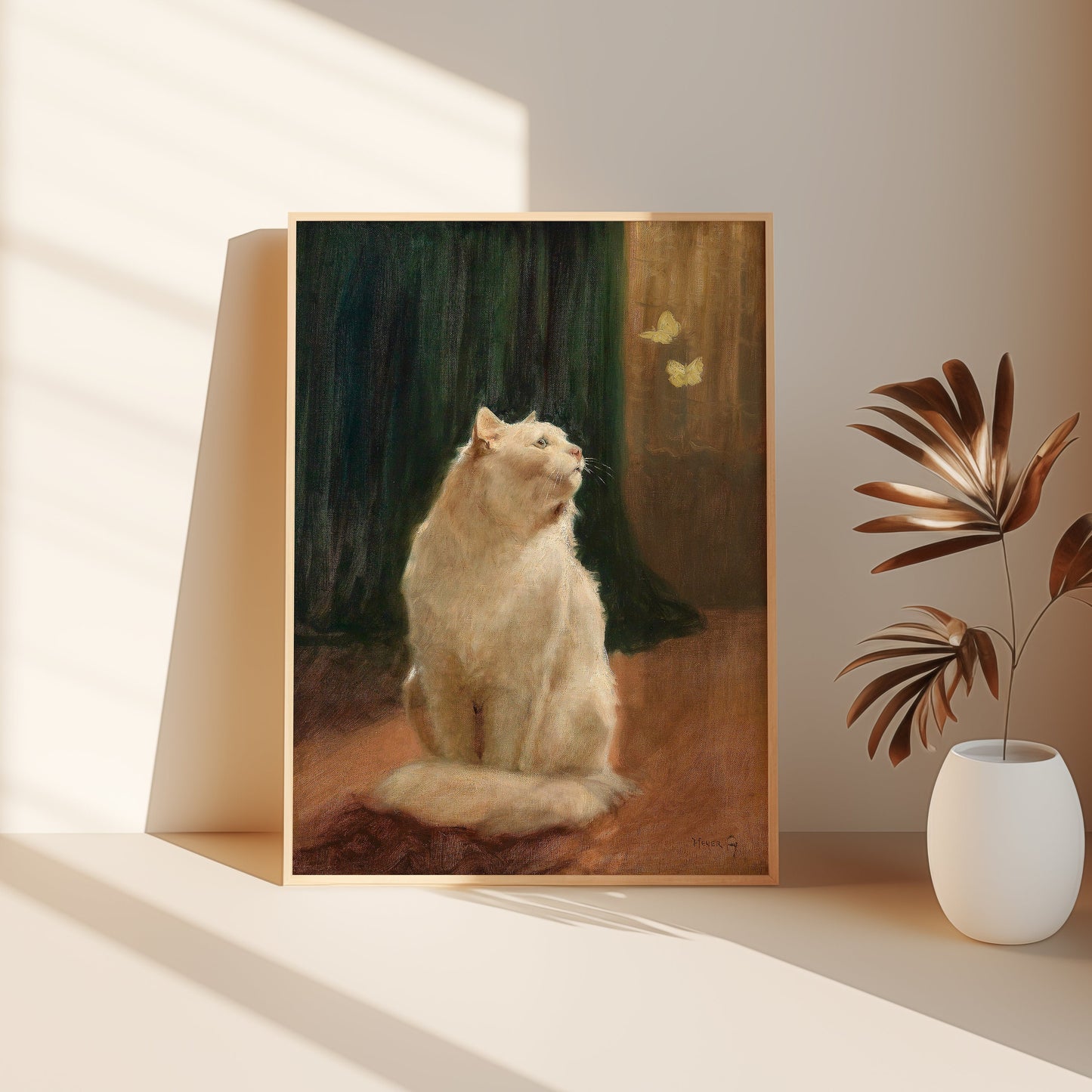 Arthur Heyer White cat, oil, cute original antique painting vintage, animal lover gift, Printable art instant download, SKU 189AH