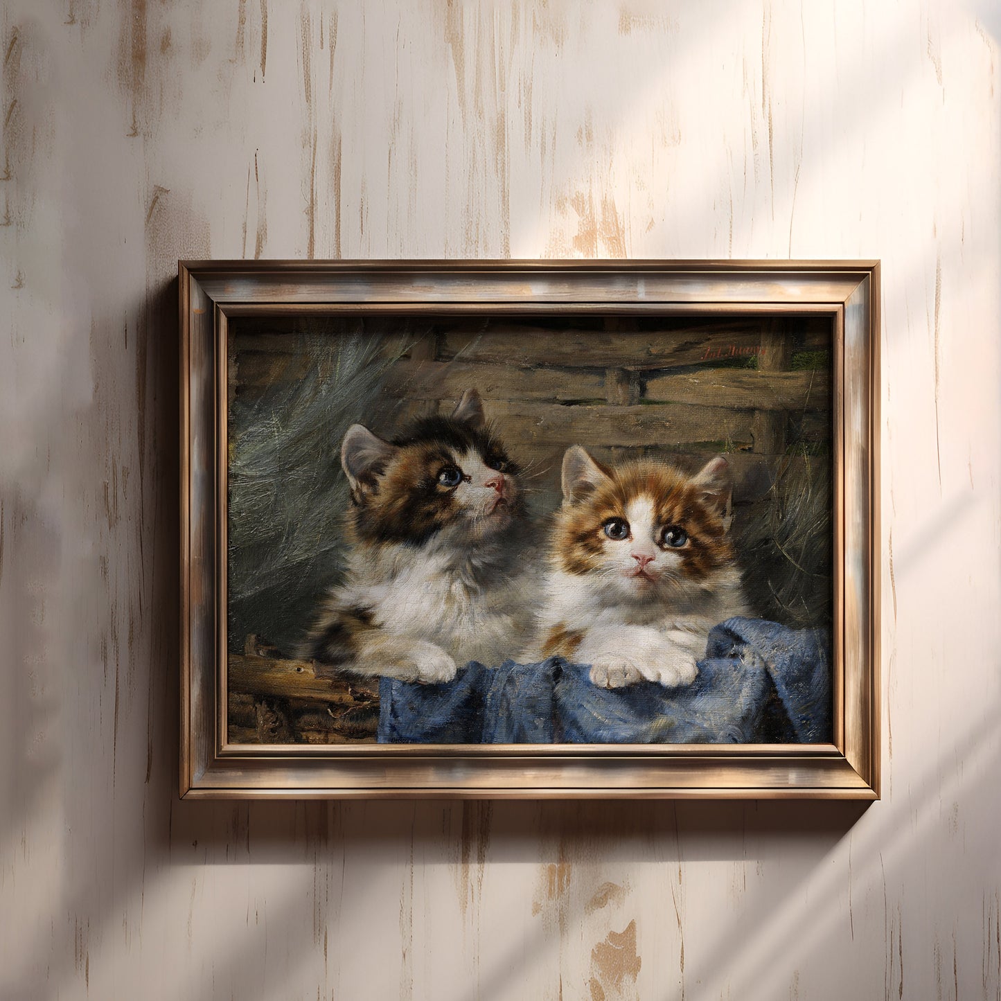 Julius Adam - Two kittens in basket, oil cute antique painting vintage, animal lover gift, Printable art instant download, SKU 204JA