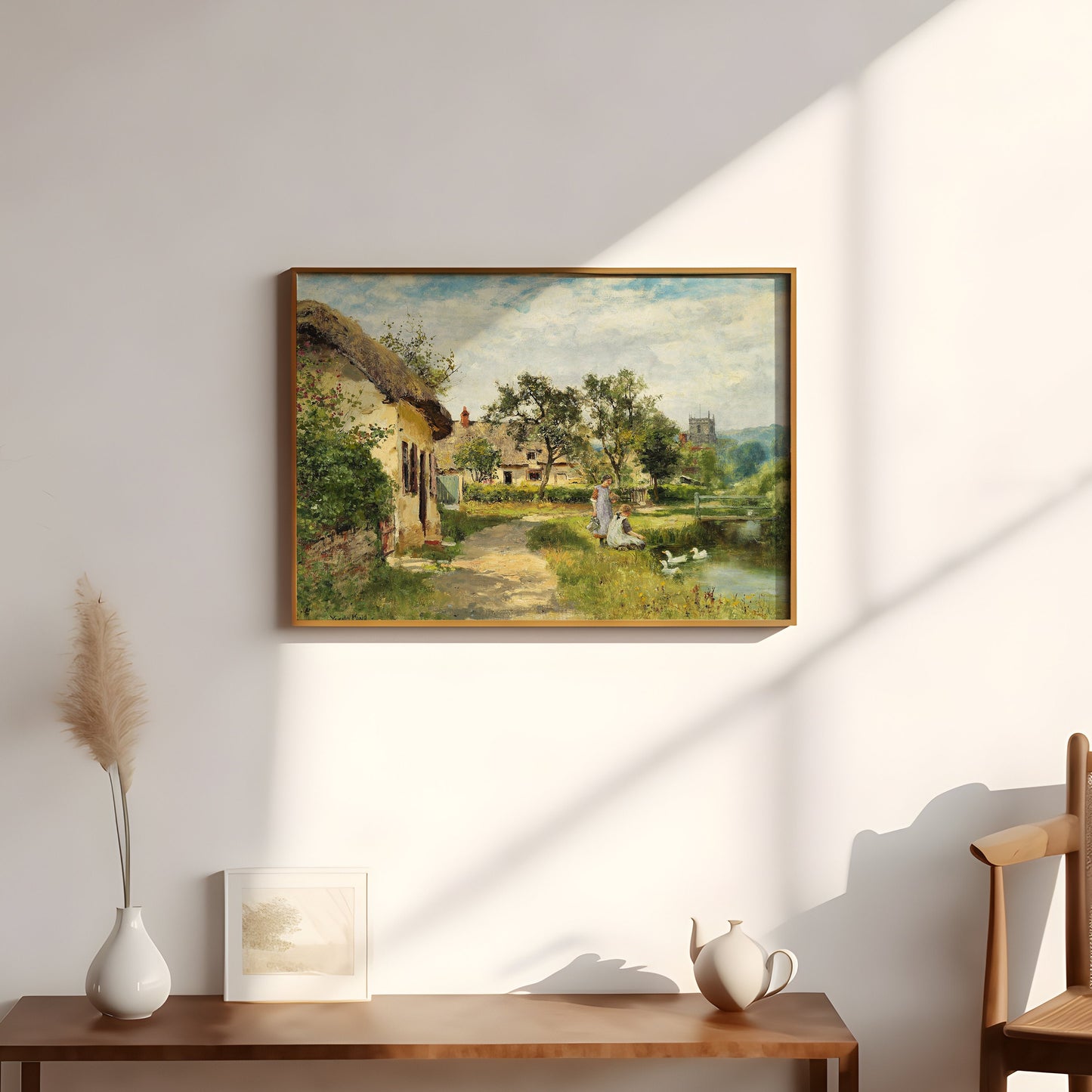 Landscape , Feeding Ducks - John Yeend King , original antique painting oil , vintage Printable art instant download , SKU 205JYK