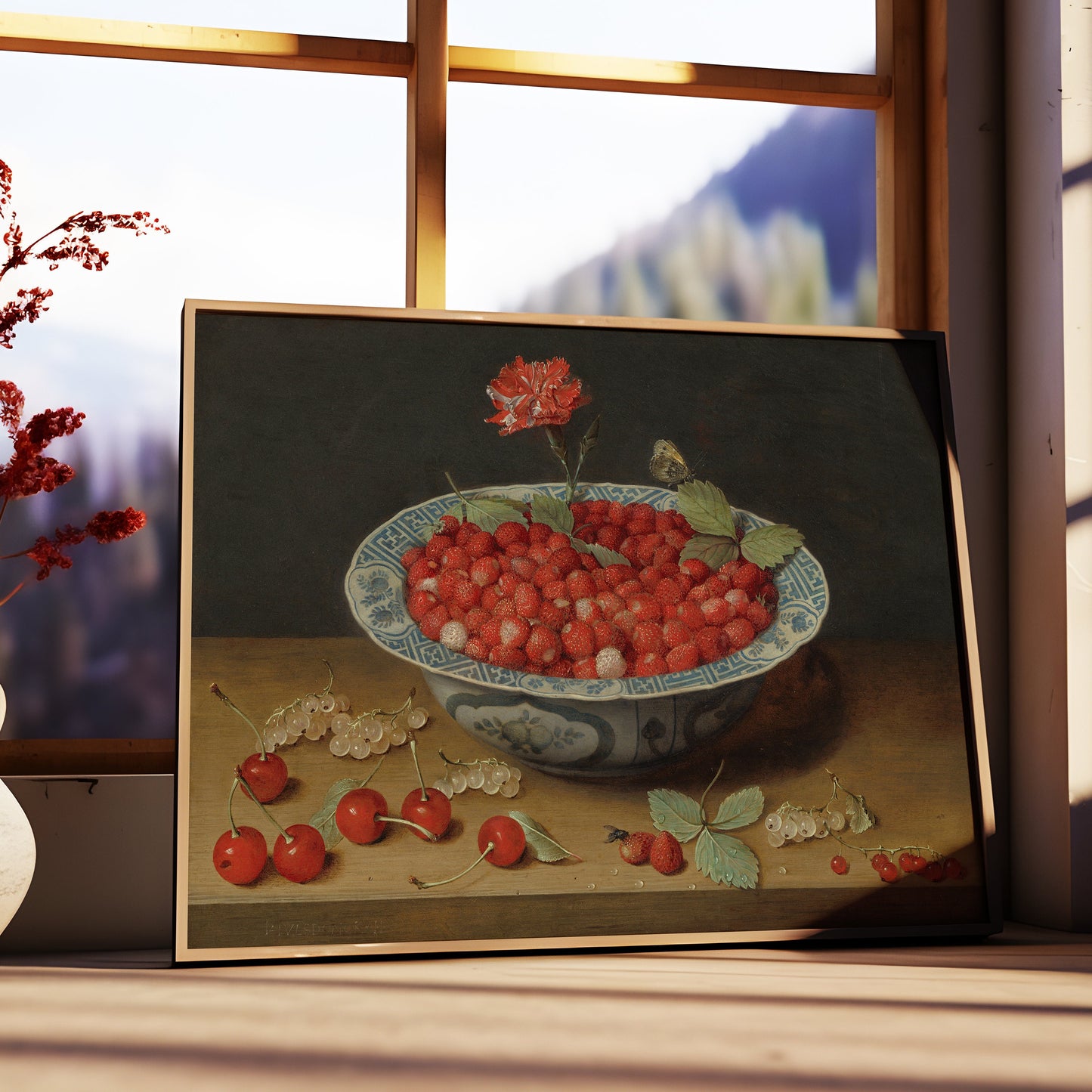 Still-life, Strawberries and Carnation - Jacob van Hulsdonck, original antique painting, vintage Printable art instant download, SKU 210JvH