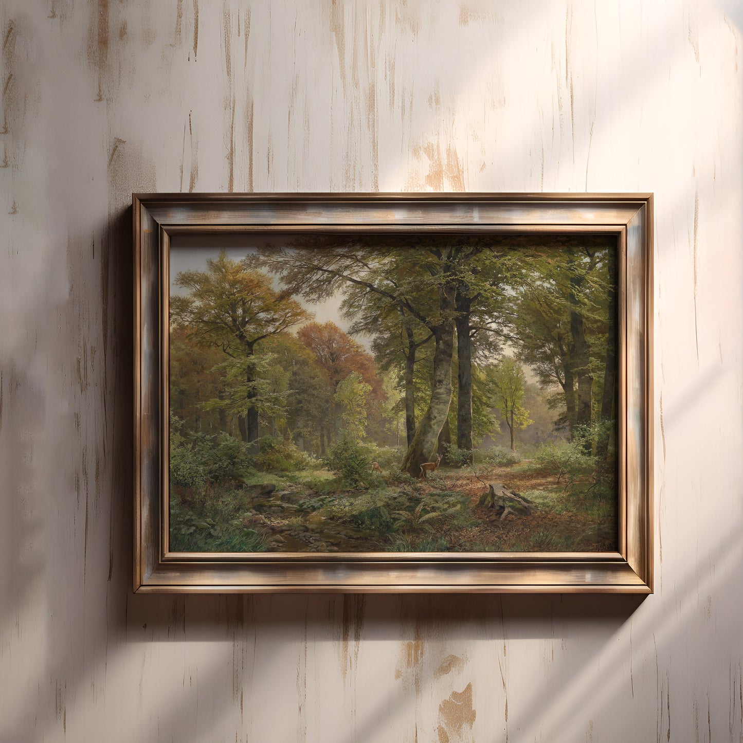 Rustic Landscape - forest clearing with roe deer , original antique painting , oil vintage Printable art instant download , SKU 221HB