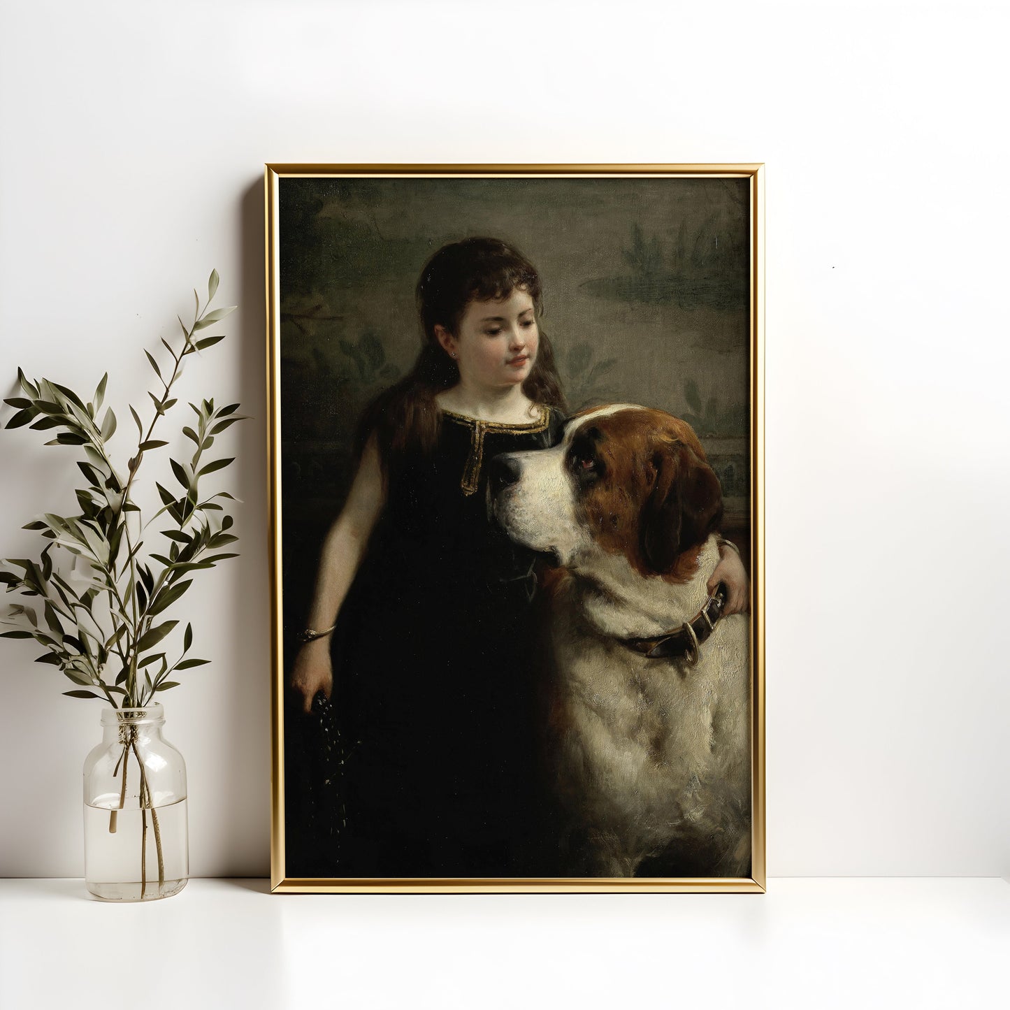 Girl with St. Bernard Dog , Otto Eerelman - Best friends , original antique figure painting , Printable art instant download , SKU K-OF80