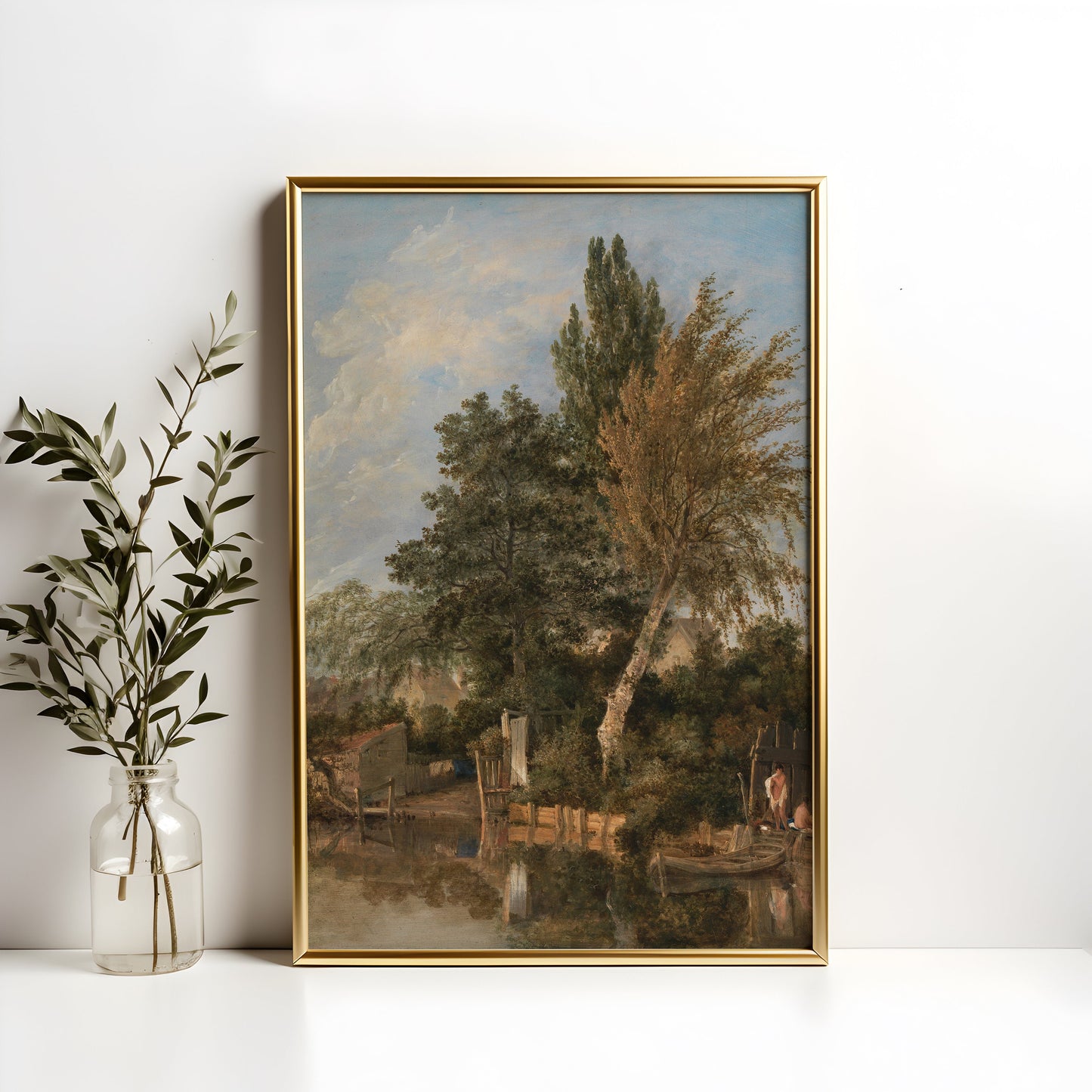 John Crome - Boys Bathing on the River Wensum, oil original antique painting, vintage, Printable art instant download, SKU K-JC131