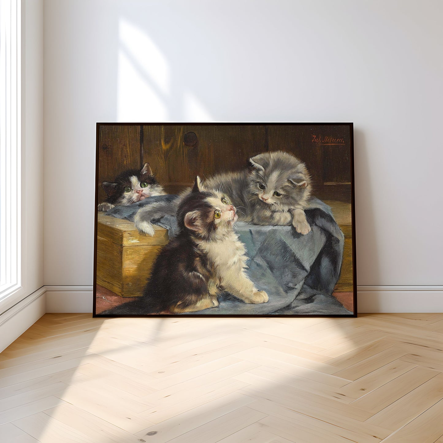 Julius Adam - Three kittens, oil cute antique painting vintage, animal lover gift, Printable art instant download, SKU 241JA