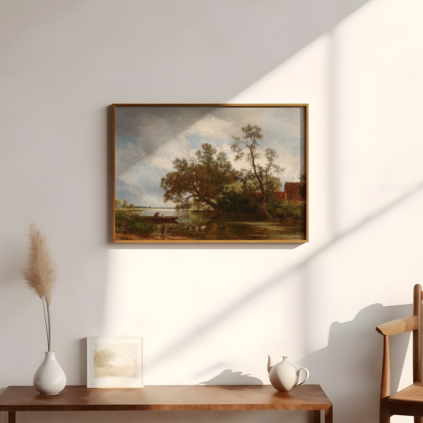 Philipp Roth - Fishermen on boat , River Landscape , Farmhouse original vintage painting oil , Printable art instant download , SKU 246RP