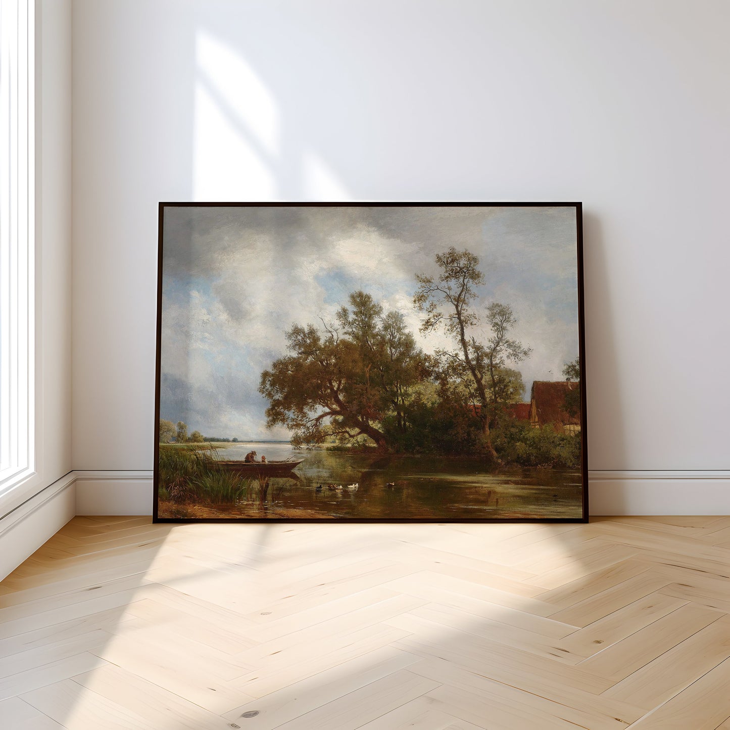Philipp Roth - Fishermen on boat , River Landscape , Farmhouse original vintage painting oil , Printable art instant download , SKU 246RP
