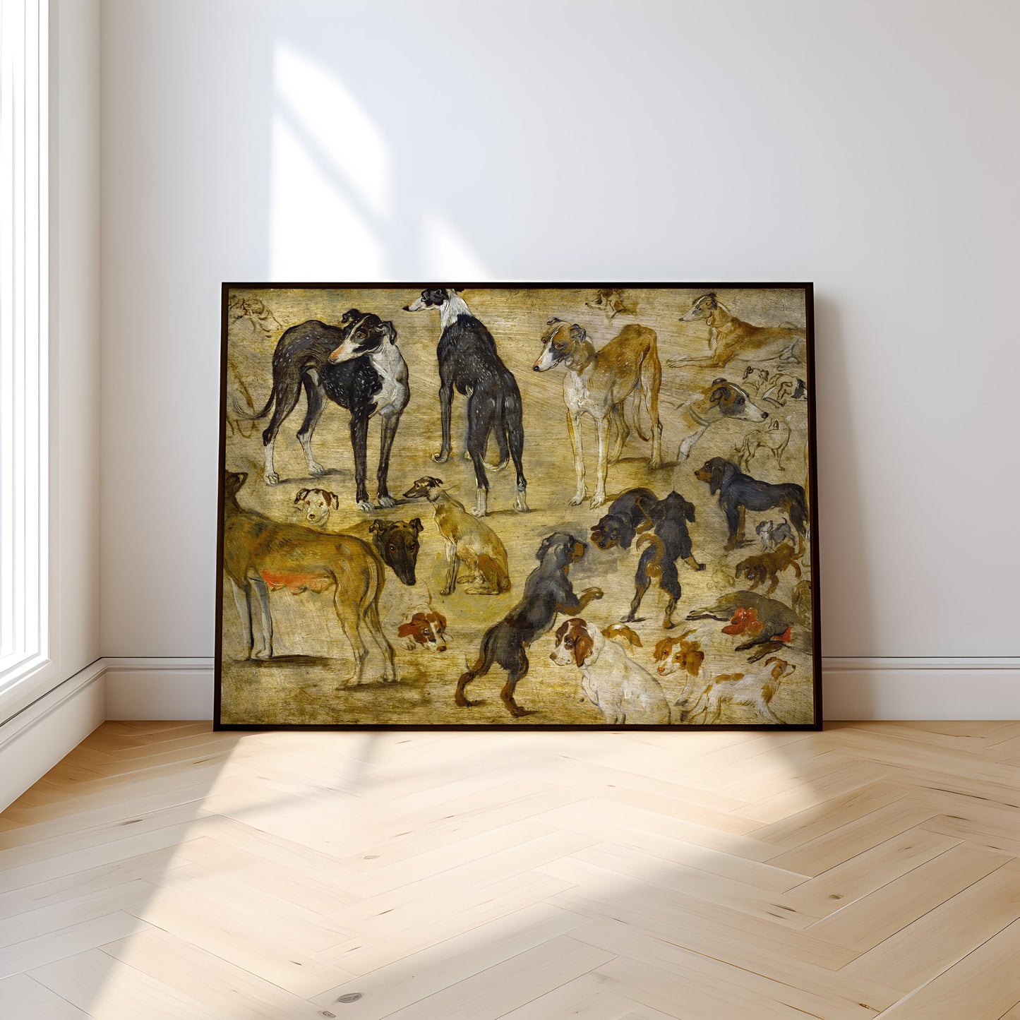 Dutch painter Jan the Elder Brueghel - Study Of Hounds, original antique painting, oil, vintage, Printable art instant download, SKU 265JEB
