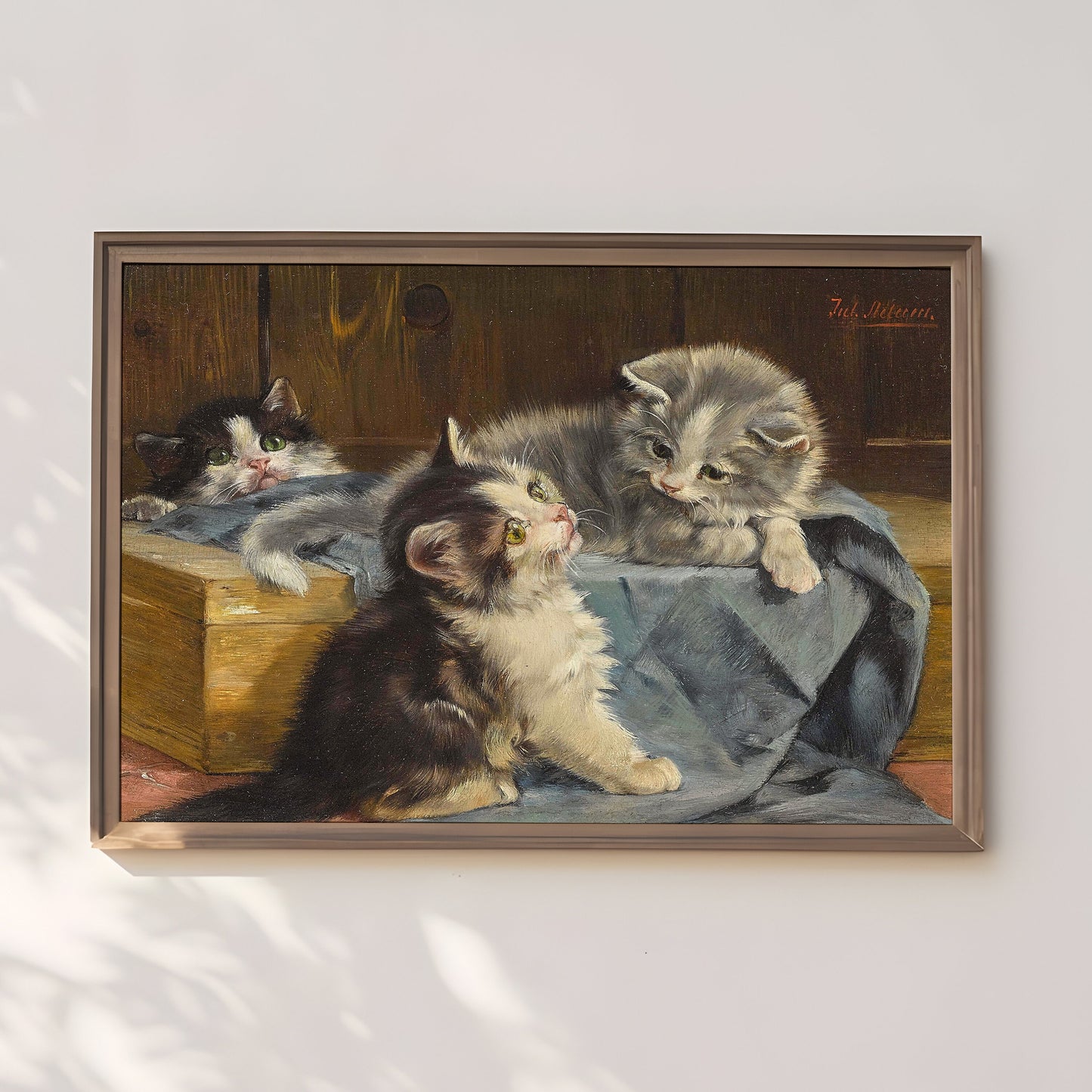 Julius Adam - Three kittens, oil cute antique painting vintage, animal lover gift, Printable art instant download, SKU 241JA