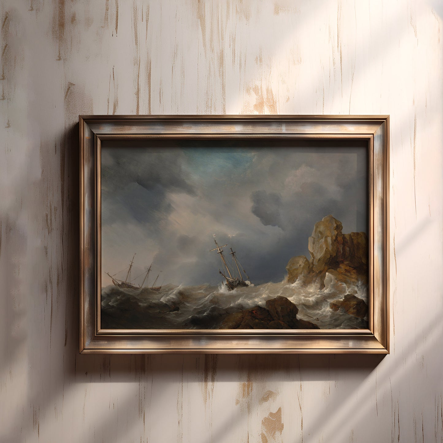 Dutch painting, Ships in Gale - Willem van de Velde, Seascape original vintage oil painting, Printable art instant download, SKU 280WV