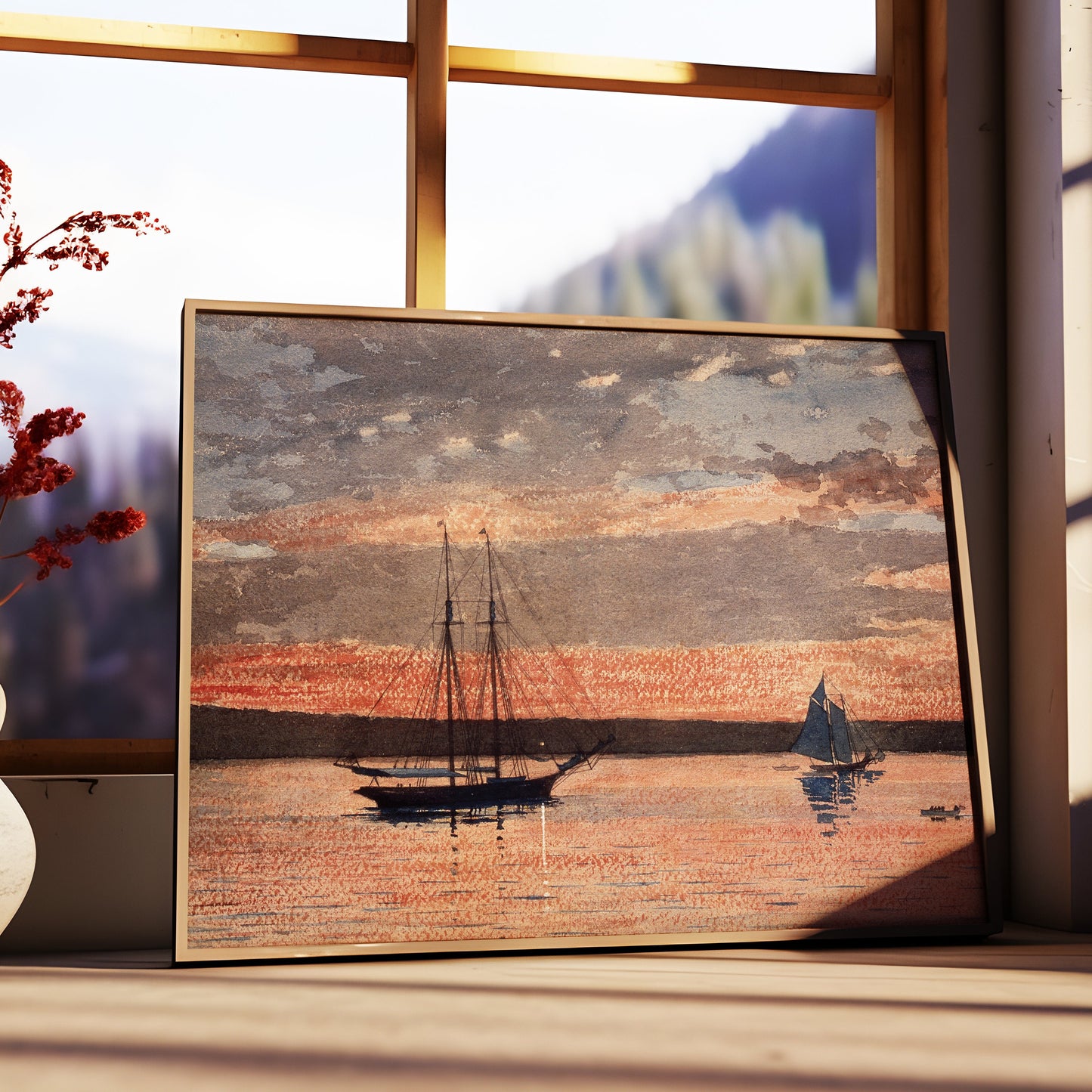 Winslow Homer - Sailboats at Sunset, 19th century, Seascape original vintage watercolour painting, Printable art instant download, SKU 284WH