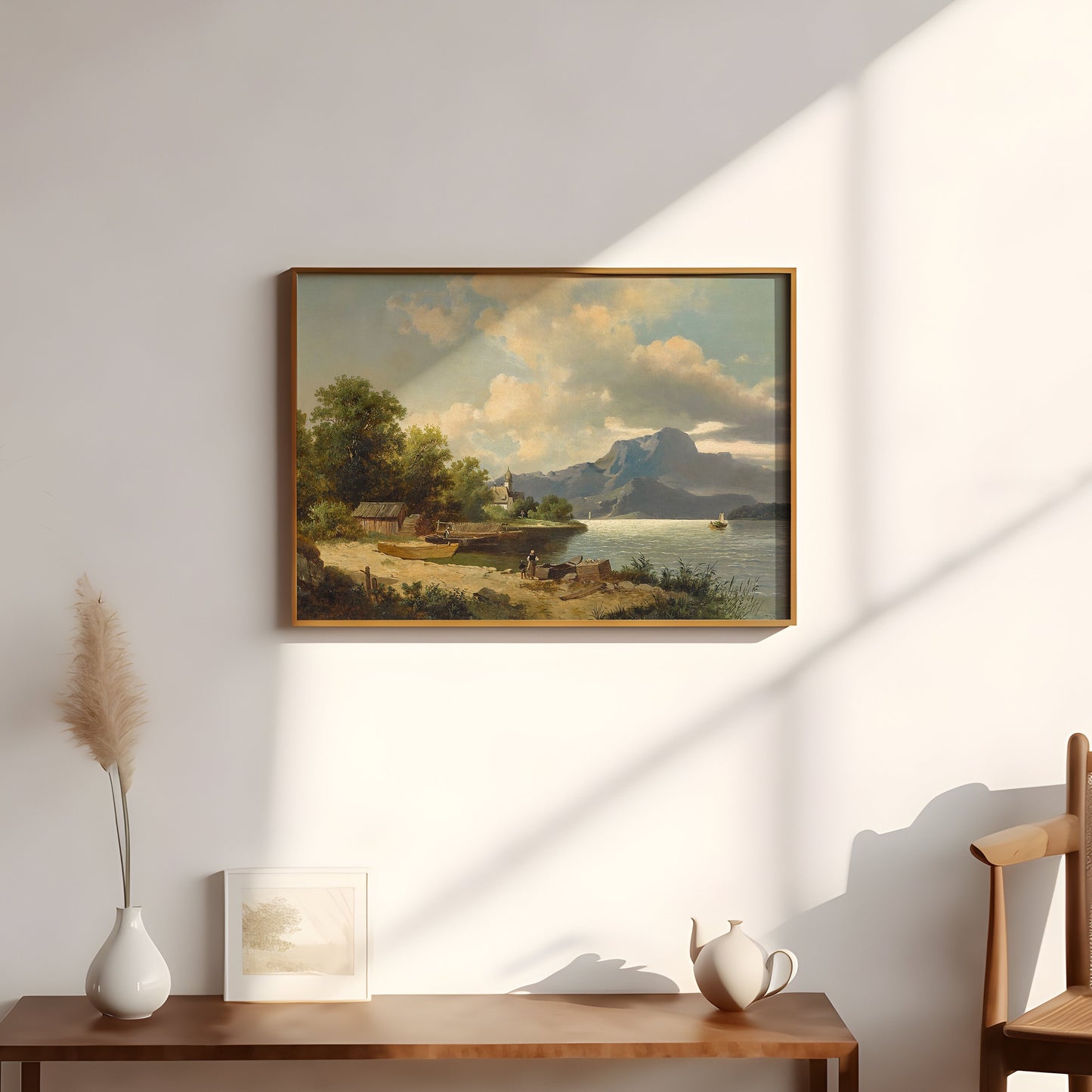 Austrian painting , Josef Thoma - Village by Lake , Original antique fine art , vintage Printable art instant download , SKU 295JT