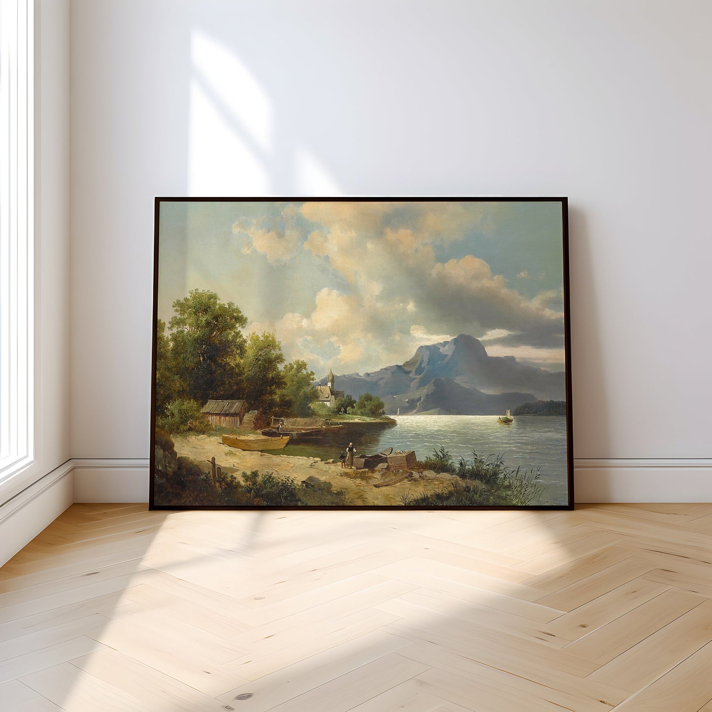 Austrian painting , Josef Thoma - Village by Lake , Original antique fine art , vintage Printable art instant download , SKU 295JT