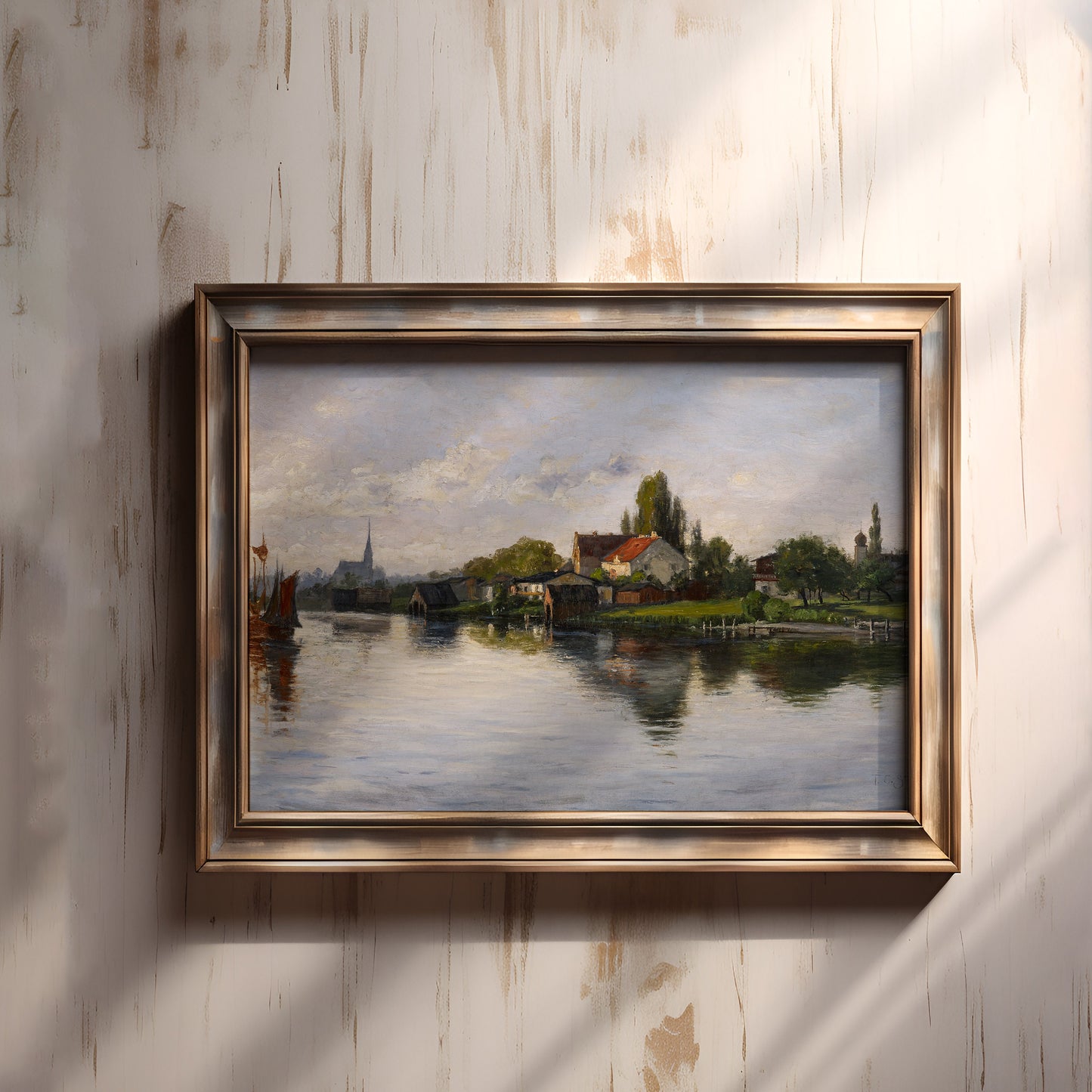 Fine Art America, Theodore Clement Steele - Village on River, Original antique painting, vintage Printable art instant download, SKU 277TCS