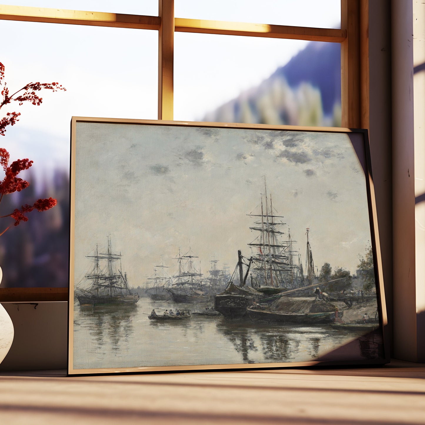 Sailboats in Harbor - Eugene Boudin, Seascape original antique oil painting vintage, Printable art instant download, SKU 279EB