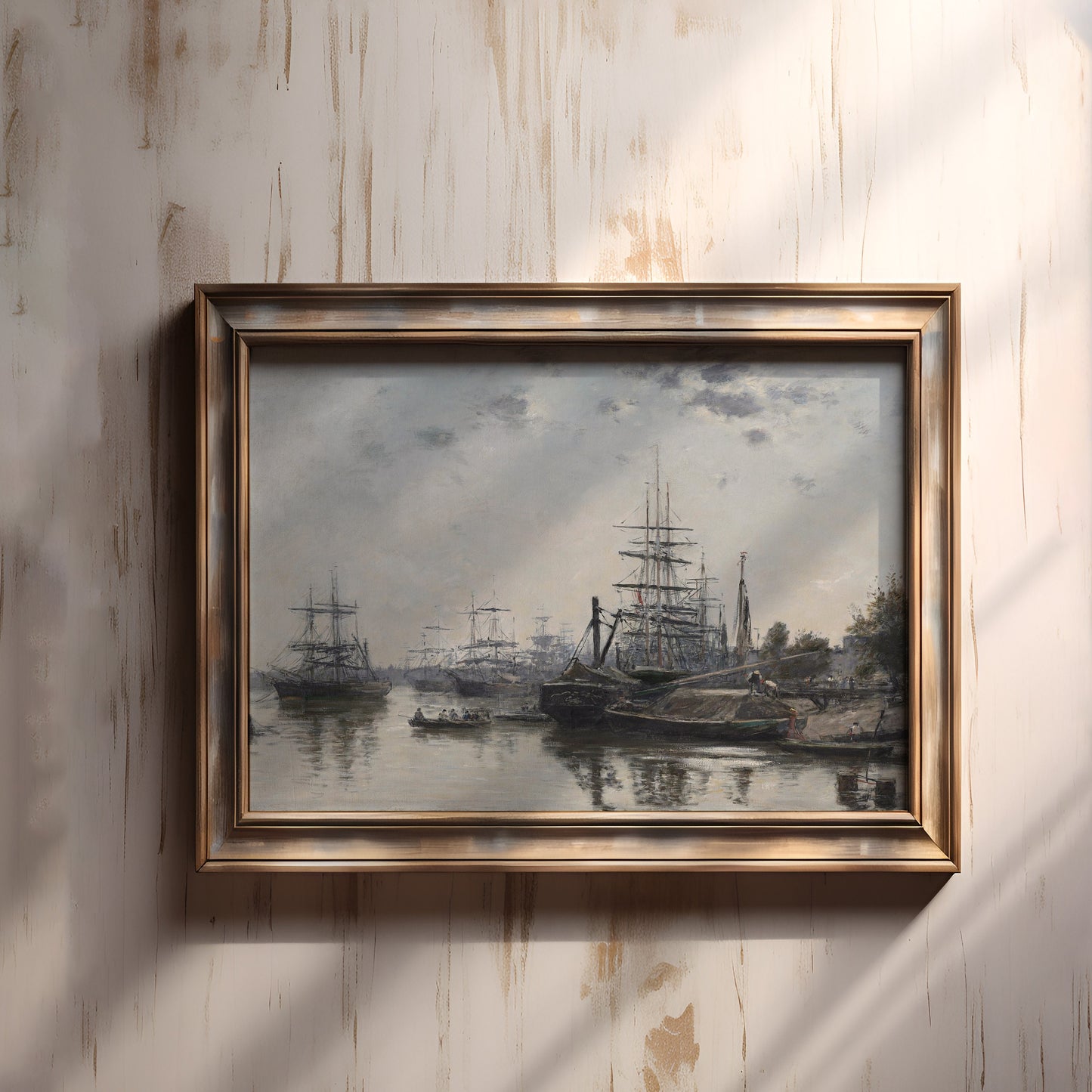 Sailboats in Harbor - Eugene Boudin, Seascape original antique oil painting vintage, Printable art instant download, SKU 279EB