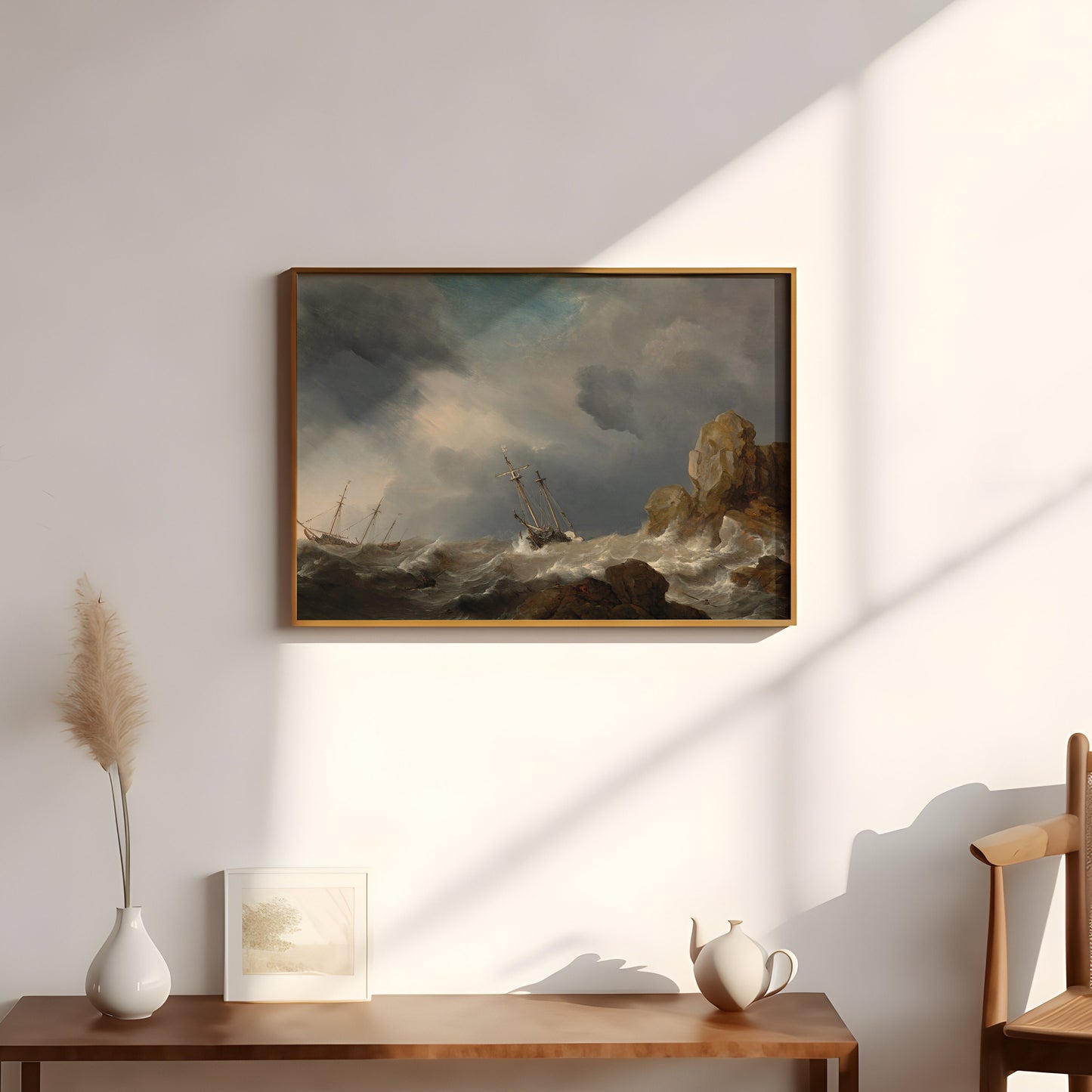 Dutch painting, Ships in Gale - Willem van de Velde, Seascape original vintage oil painting, Printable art instant download, SKU 280WV