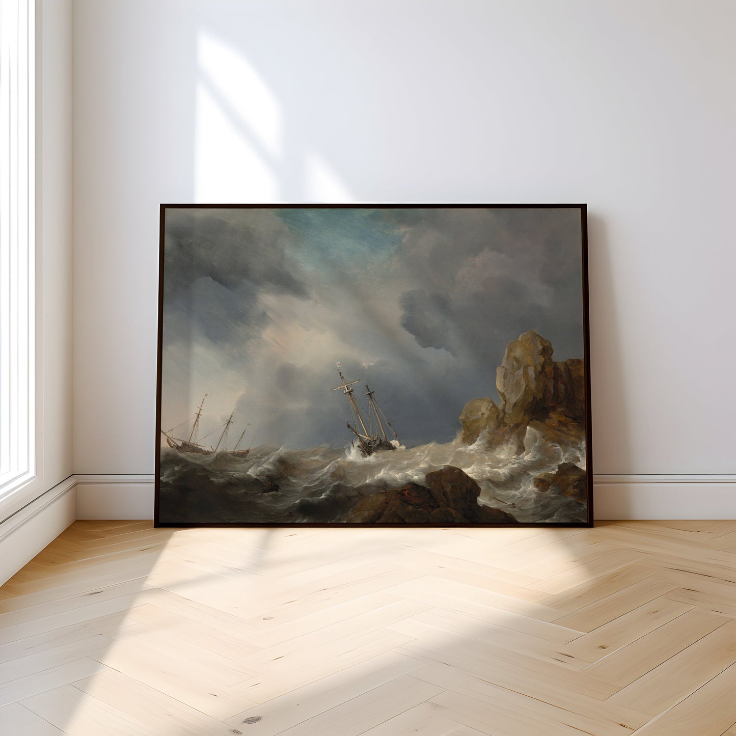 Dutch painting, Ships in Gale - Willem van de Velde, Seascape original vintage oil painting, Printable art instant download, SKU 280WV