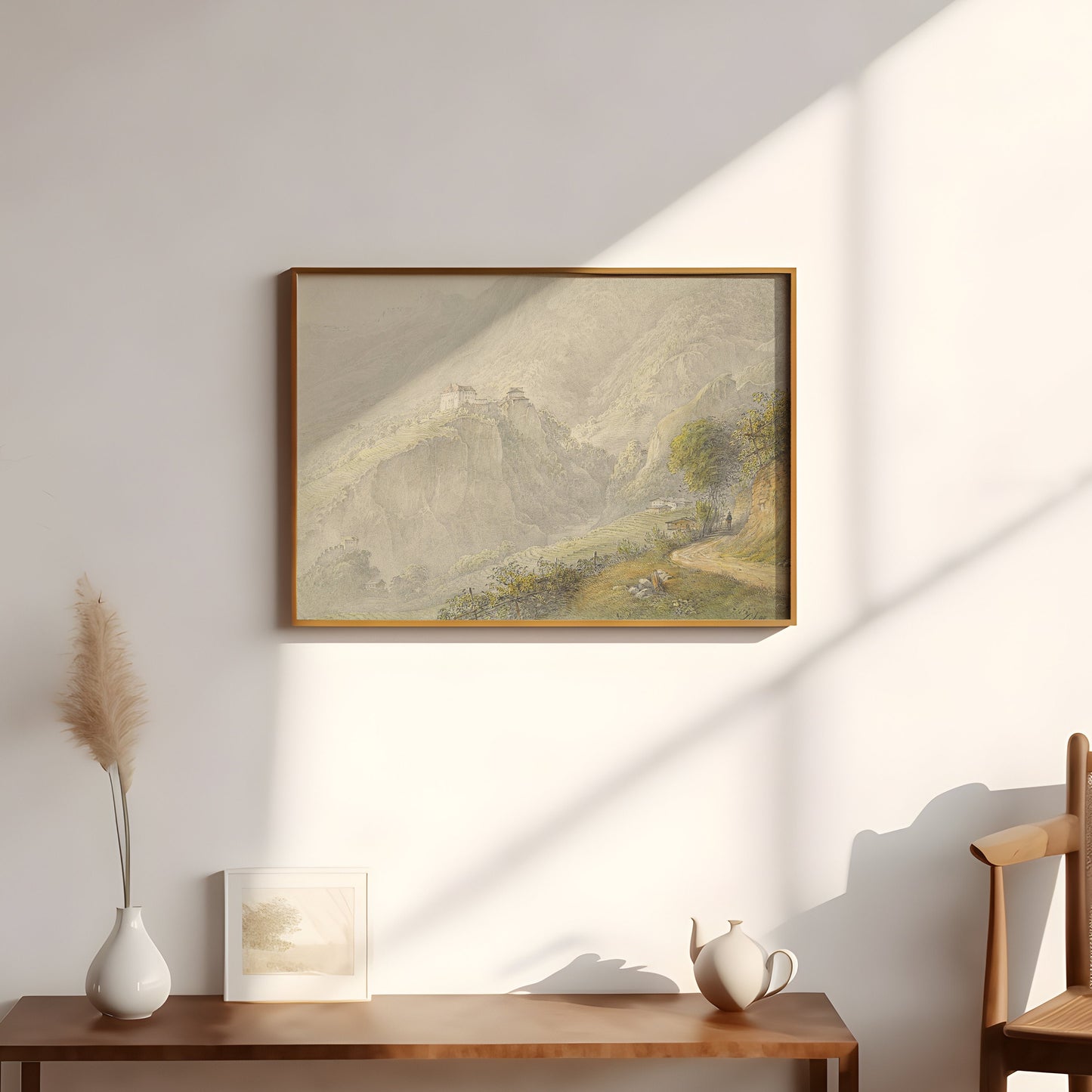 Mountain Landscape - Tyrol Castle in Merano, 19th century, watercolour original vintage painting, antique Printable art, SKU - 373NI