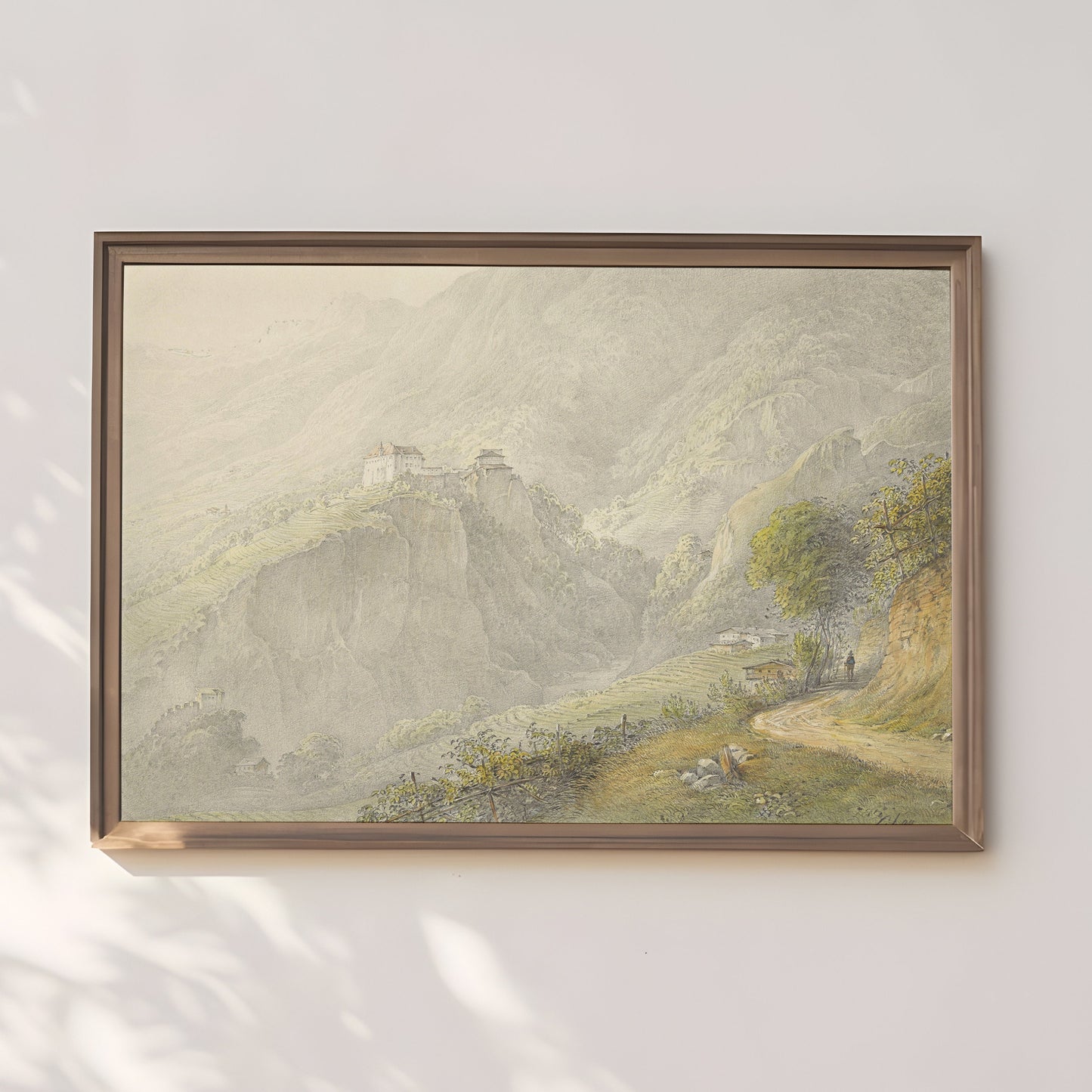 Mountain Landscape - Tyrol Castle in Merano, 19th century, watercolour original vintage painting, antique Printable art, SKU - 373NI