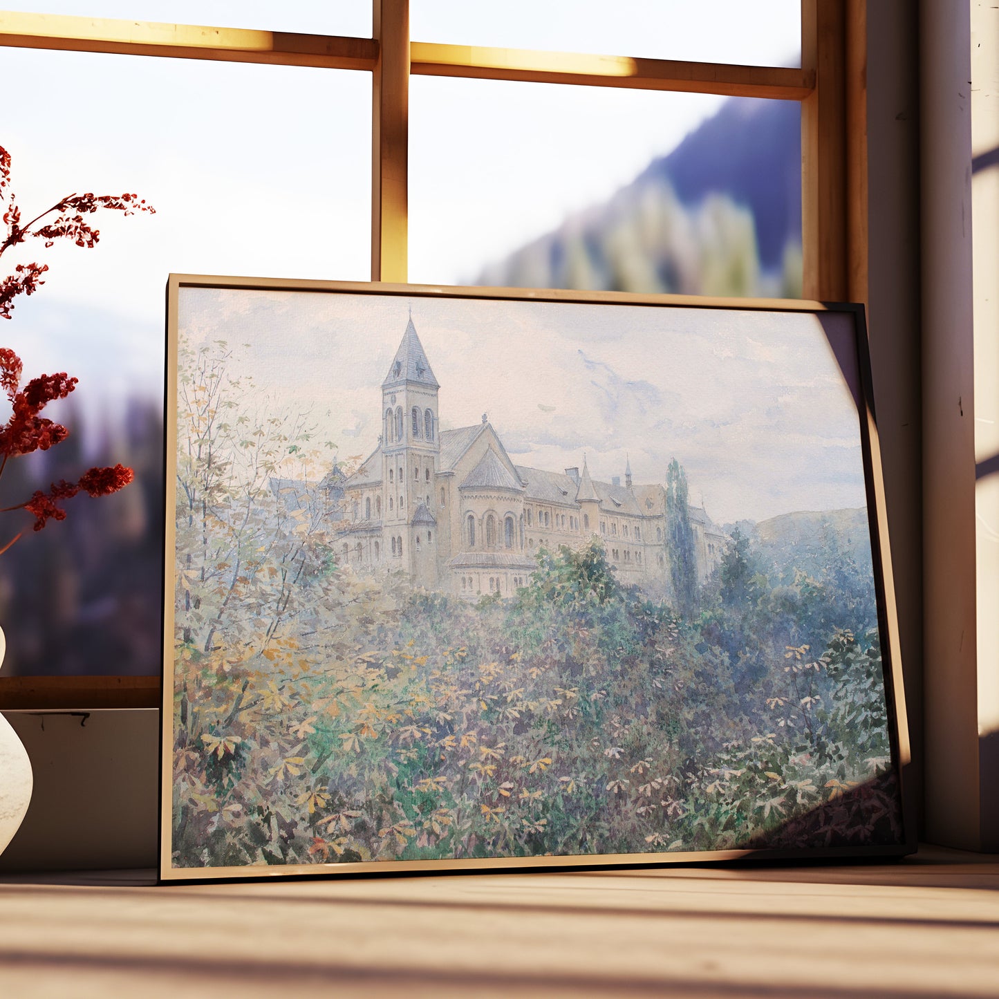 Václav Jansa - Castle view, 19th century, watercolour original vintage painting, antique Printable art instant download, SKU 385VJ