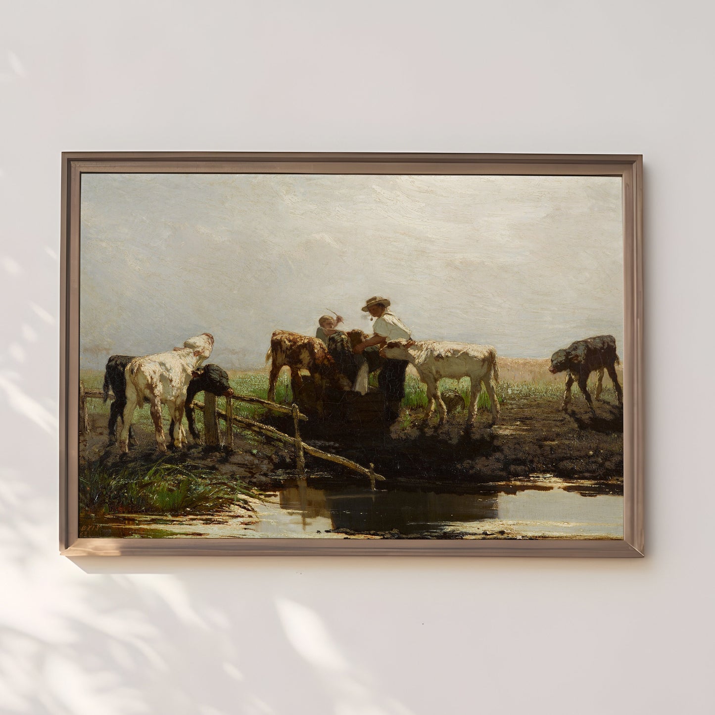 Rustic Landscape, Willem Maris - Calves at Trough, Original vintage painting, Printable fine art instant download, SKU 288WM