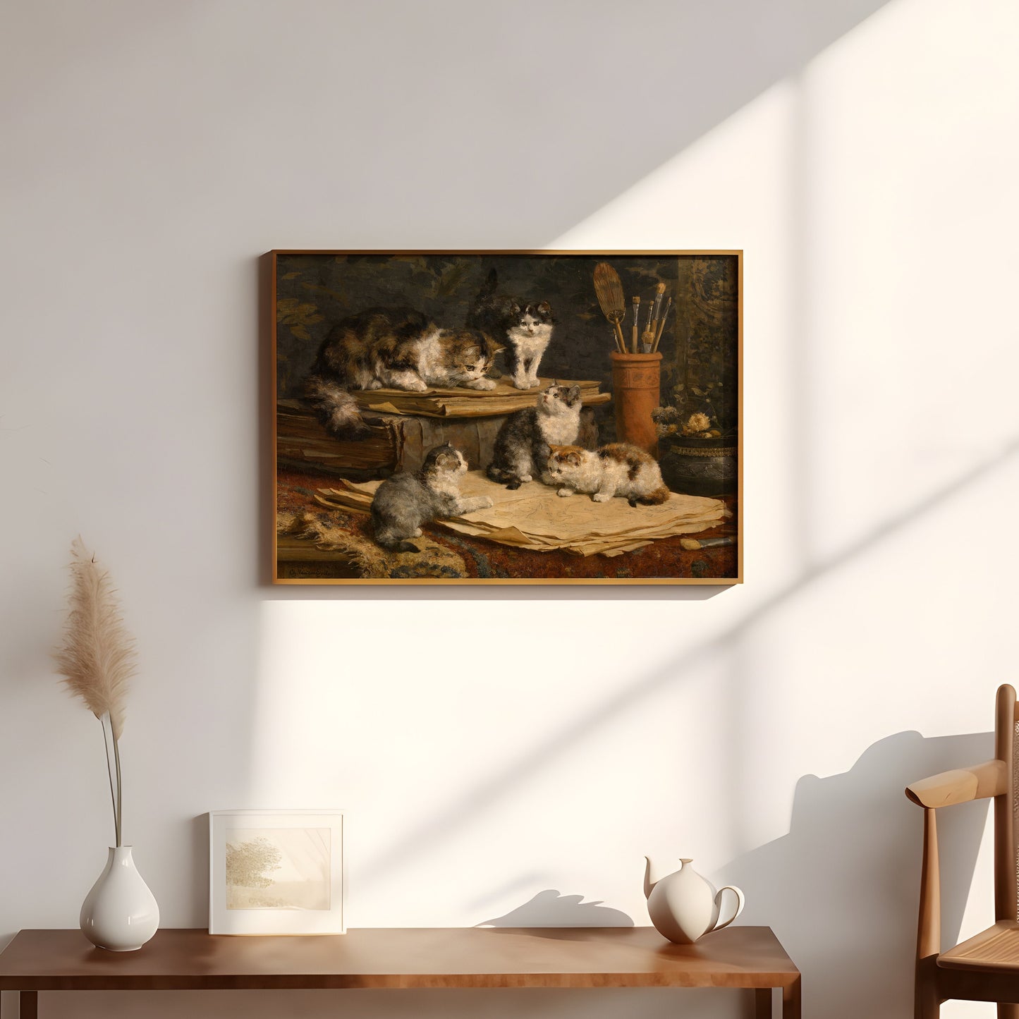 Charles Van den Eycken - Сat with Kittens, Original vintage painting, Printable fine art instant download, SKU 311CE