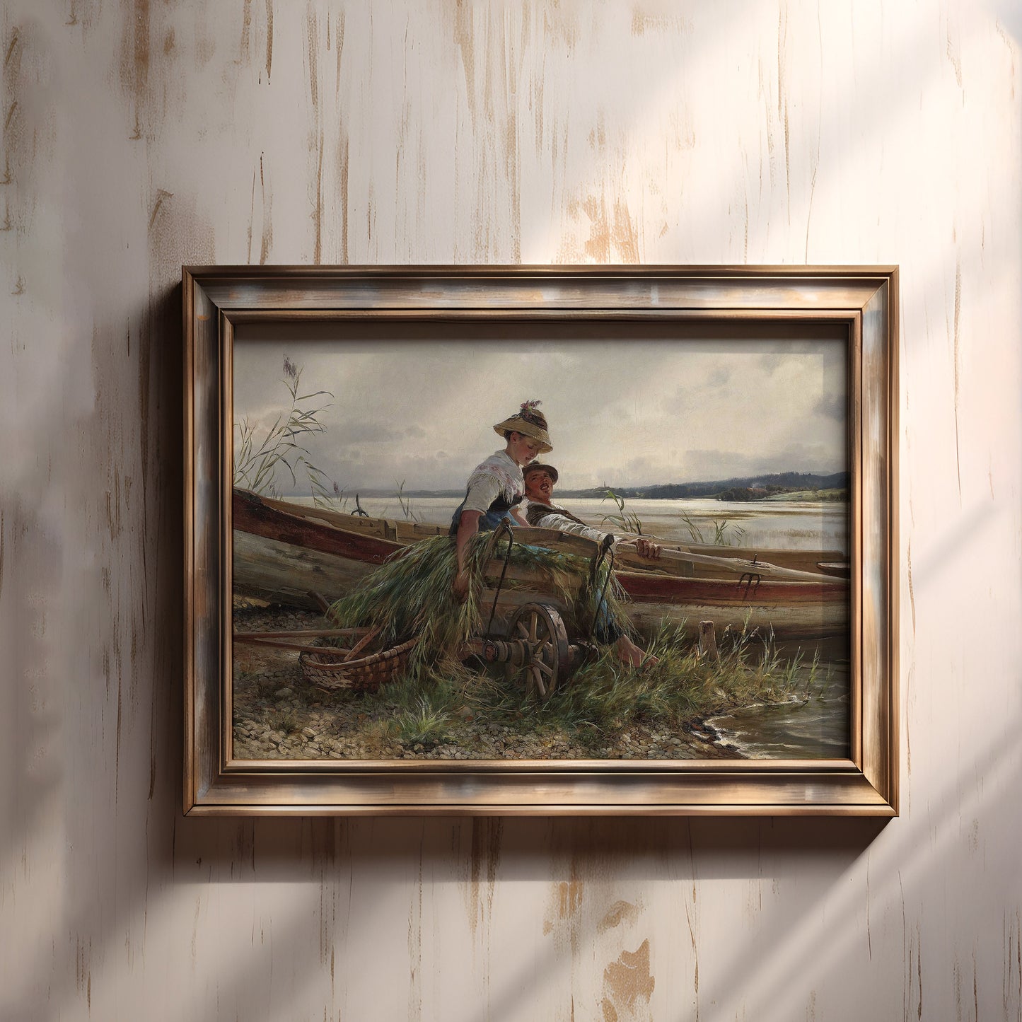 Couple in Love in Boat - Carl Raup , original antique oil figure painting , vintage Printable art instant download , SKU 320CR