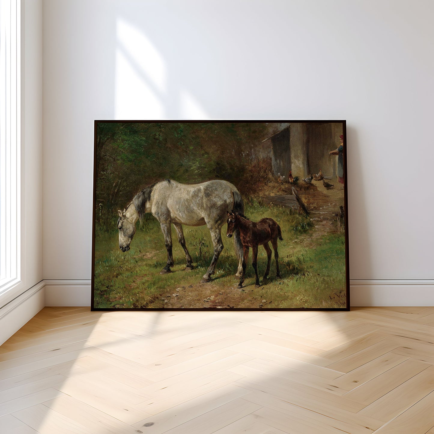 Ludwig Voltz - Horse with Foal, original antique oil painting vintage, Printable art instant download, SKU 327LV