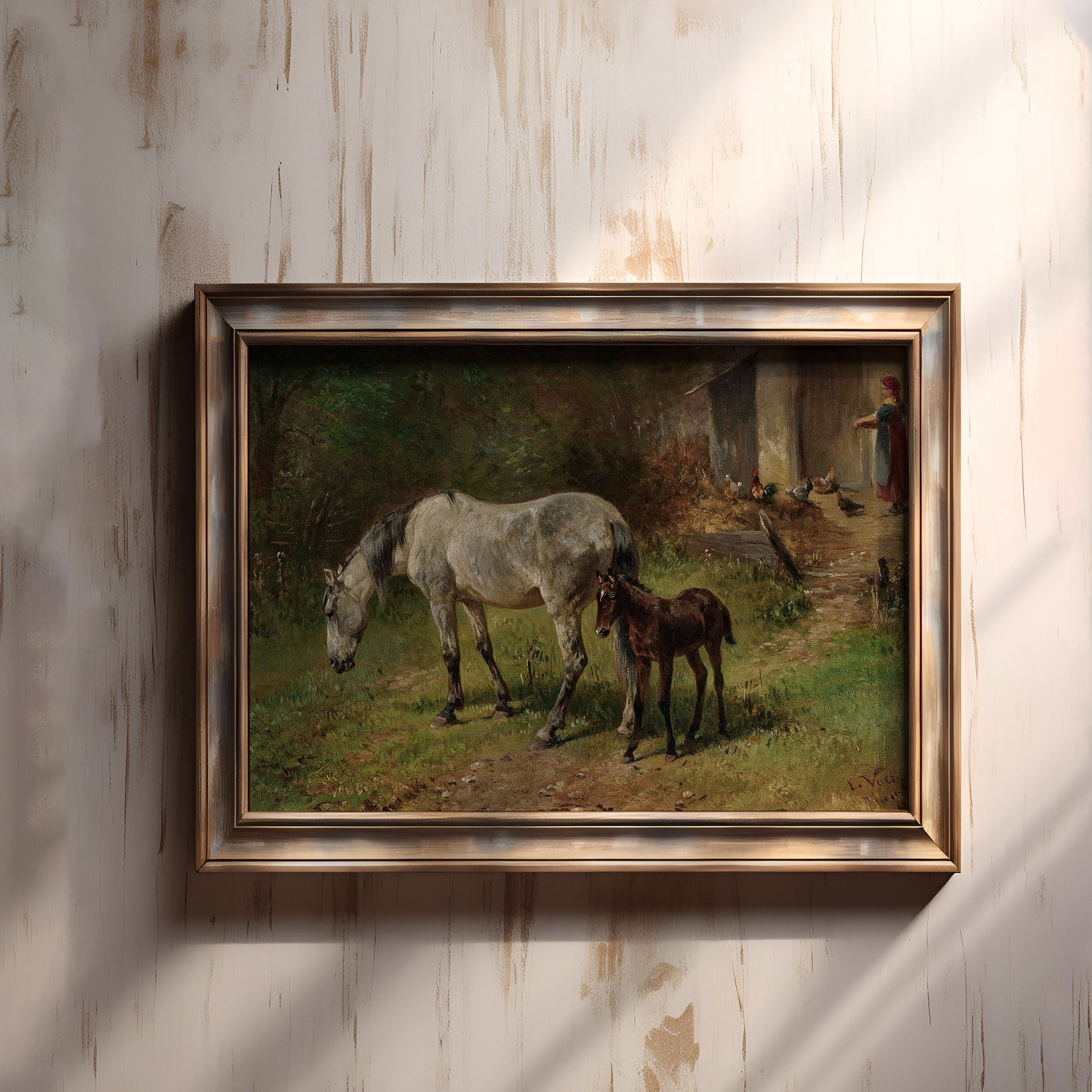 Ludwig Voltz - Horse with Foal, original antique oil painting vintage, Printable art instant download, SKU 327LV