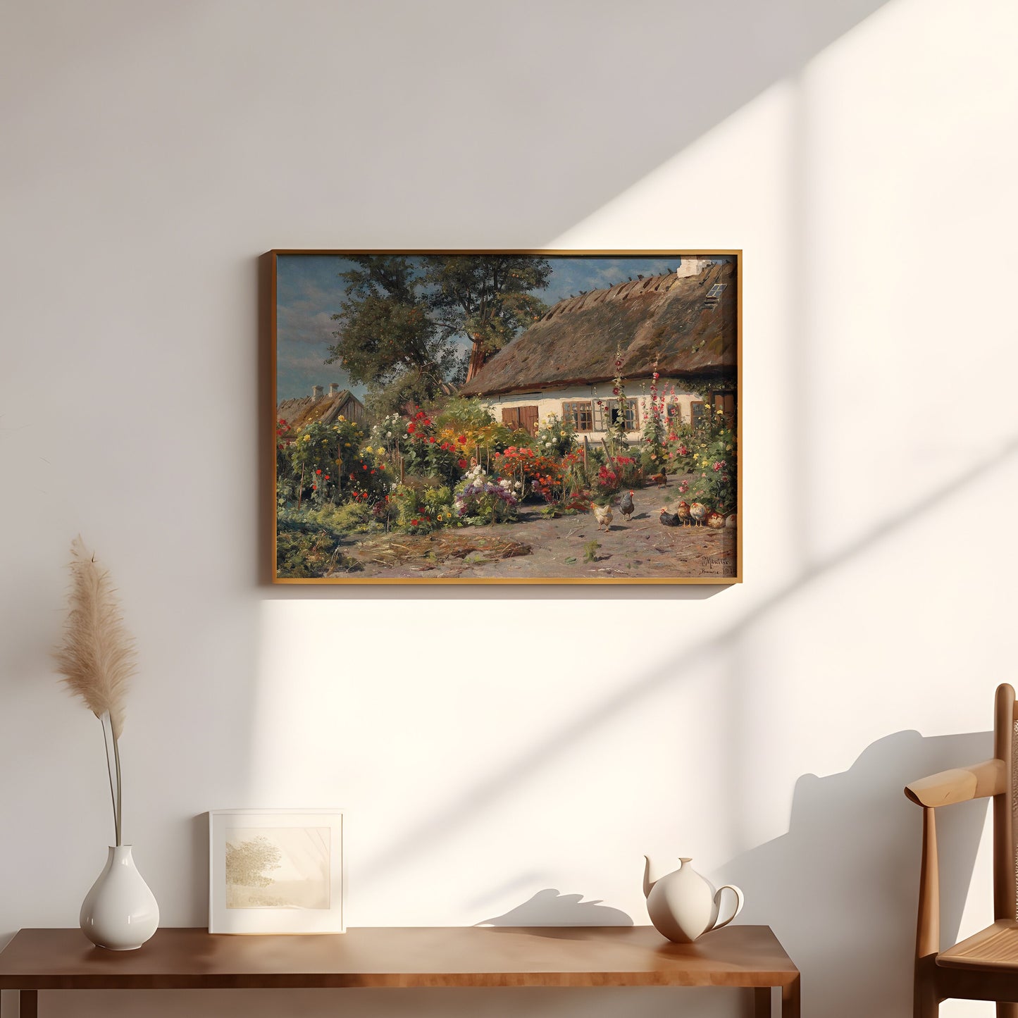 Peder Monsted - Cottage Garden with Chickens , Original antique painting , vintage Printable art instant download , SKU 336PM
