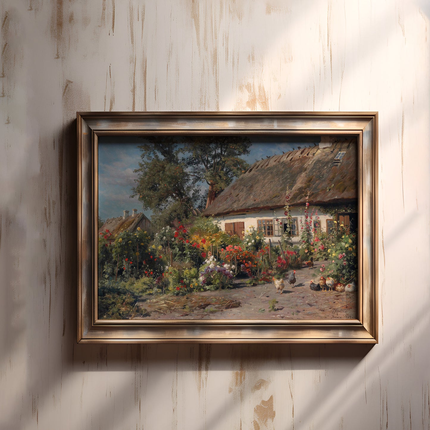 Peder Monsted - Cottage Garden with Chickens , Original antique painting , vintage Printable art instant download , SKU 336PM