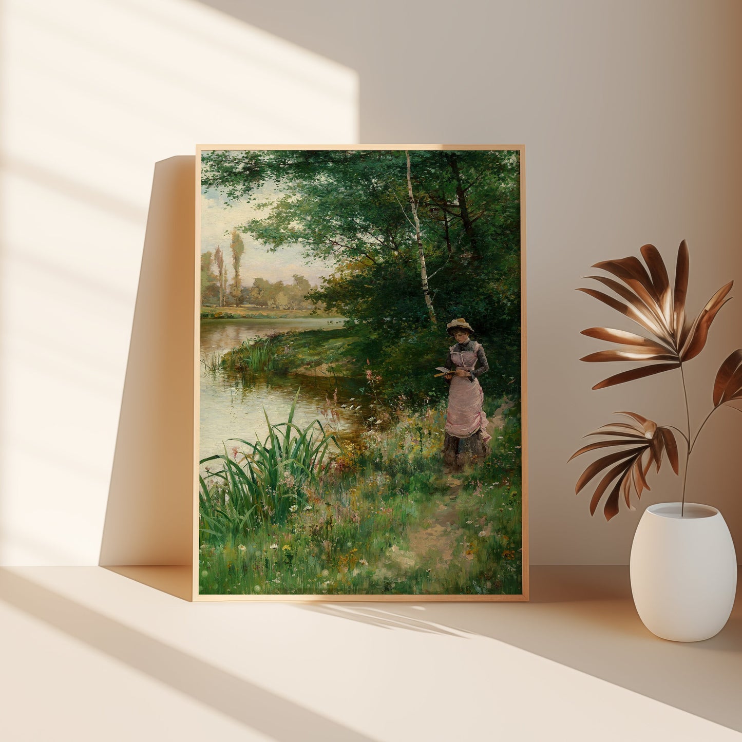 Alfred Glendening - Lady Walk by River , Original antique painting , vintage Printable fine art instant download , SKU 357AAG