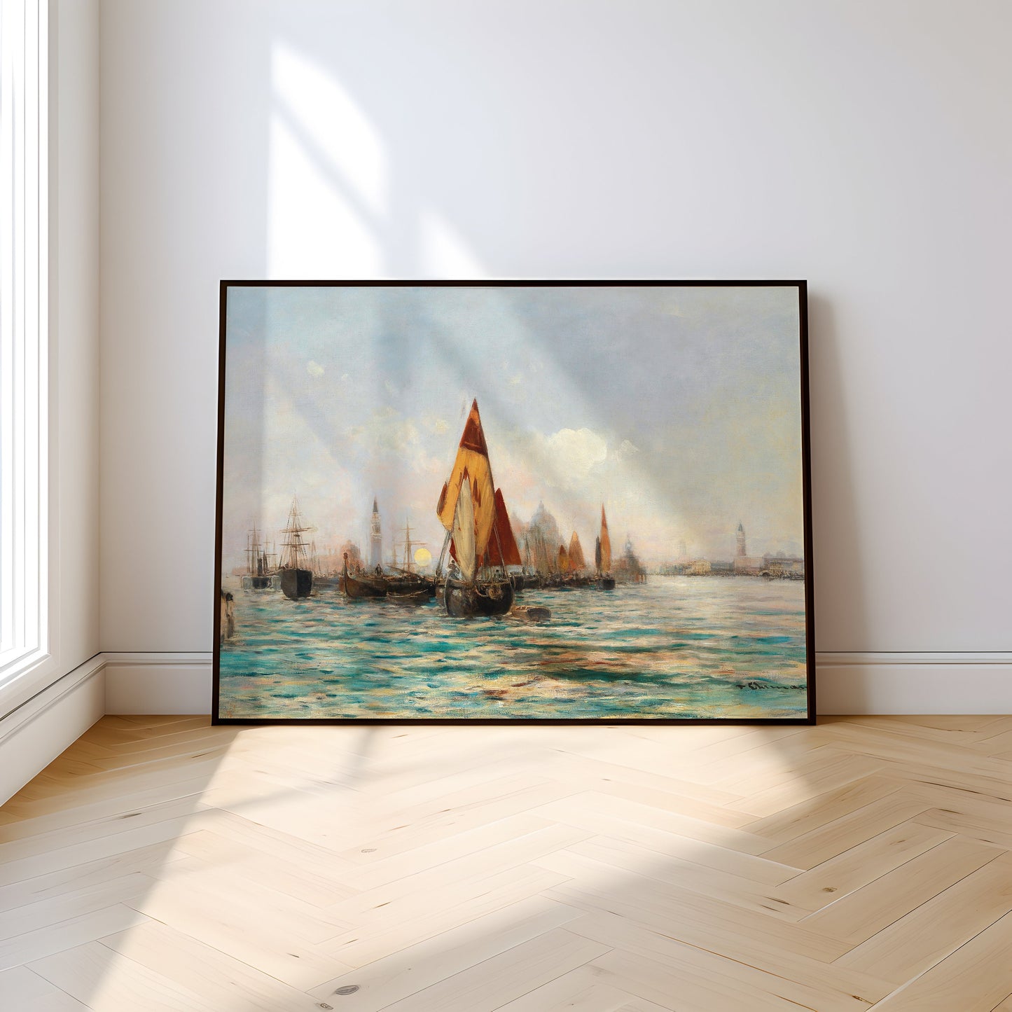 Ehrmanns - Fishing Boats , Seascape original antique oil painting vintage , Printable art instant download , SKU 378TvE